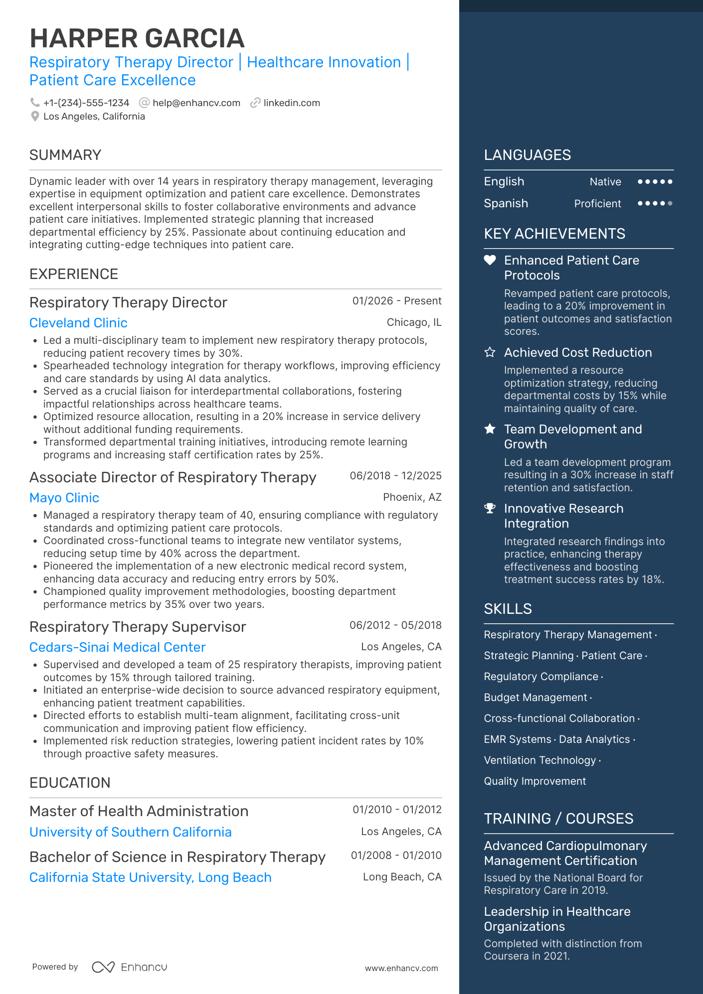 A resume example of a Respiratory Therapy Director