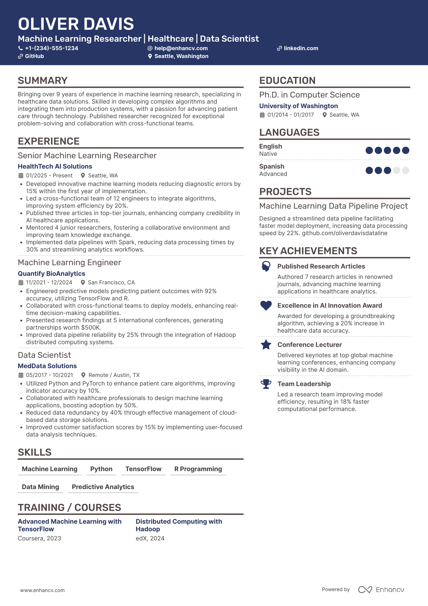 A resume example of a Machine Learning Researcher