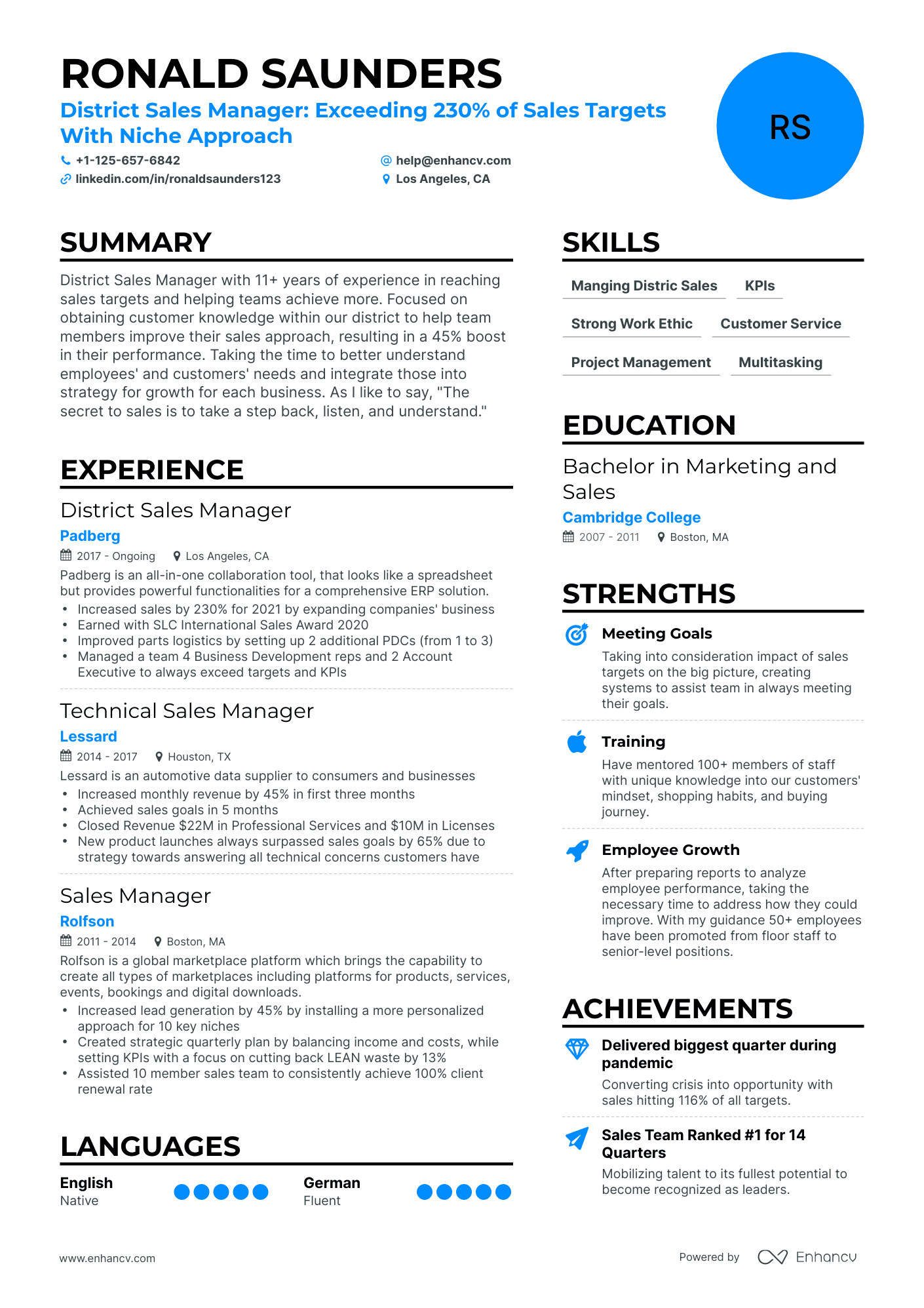 Simple District Sales Manager Resume Template