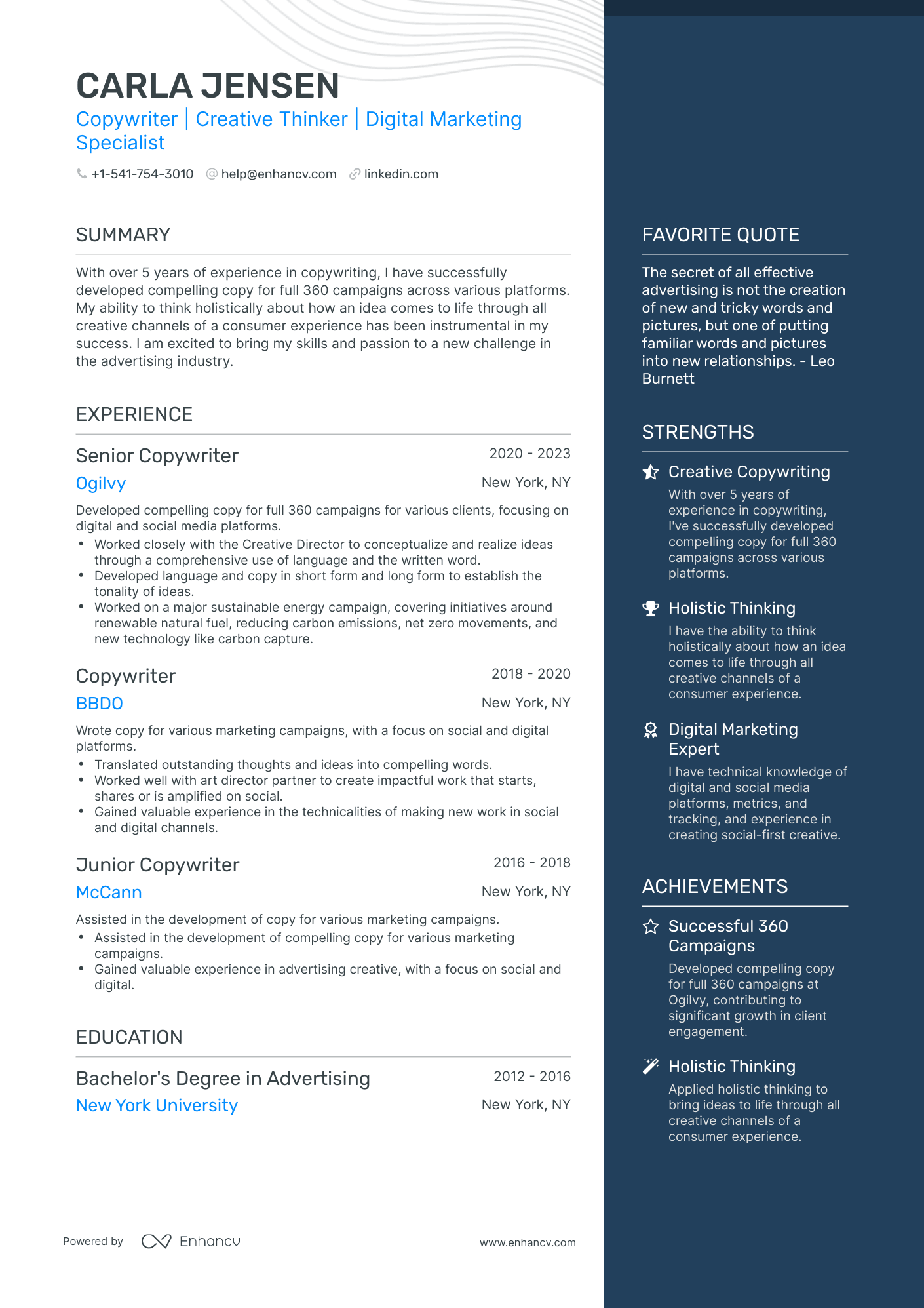 One Page Copywriter Resume Template