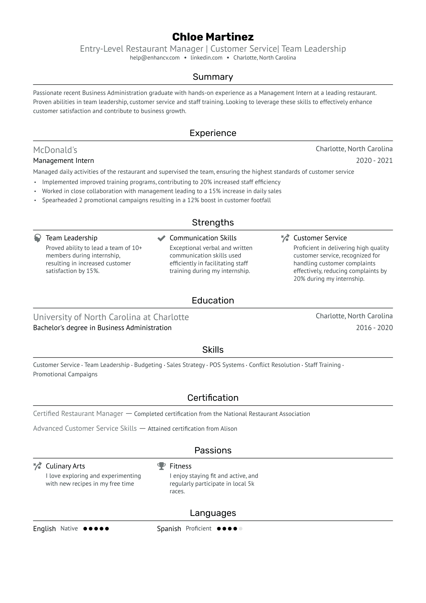 resume sample for restaurant manager