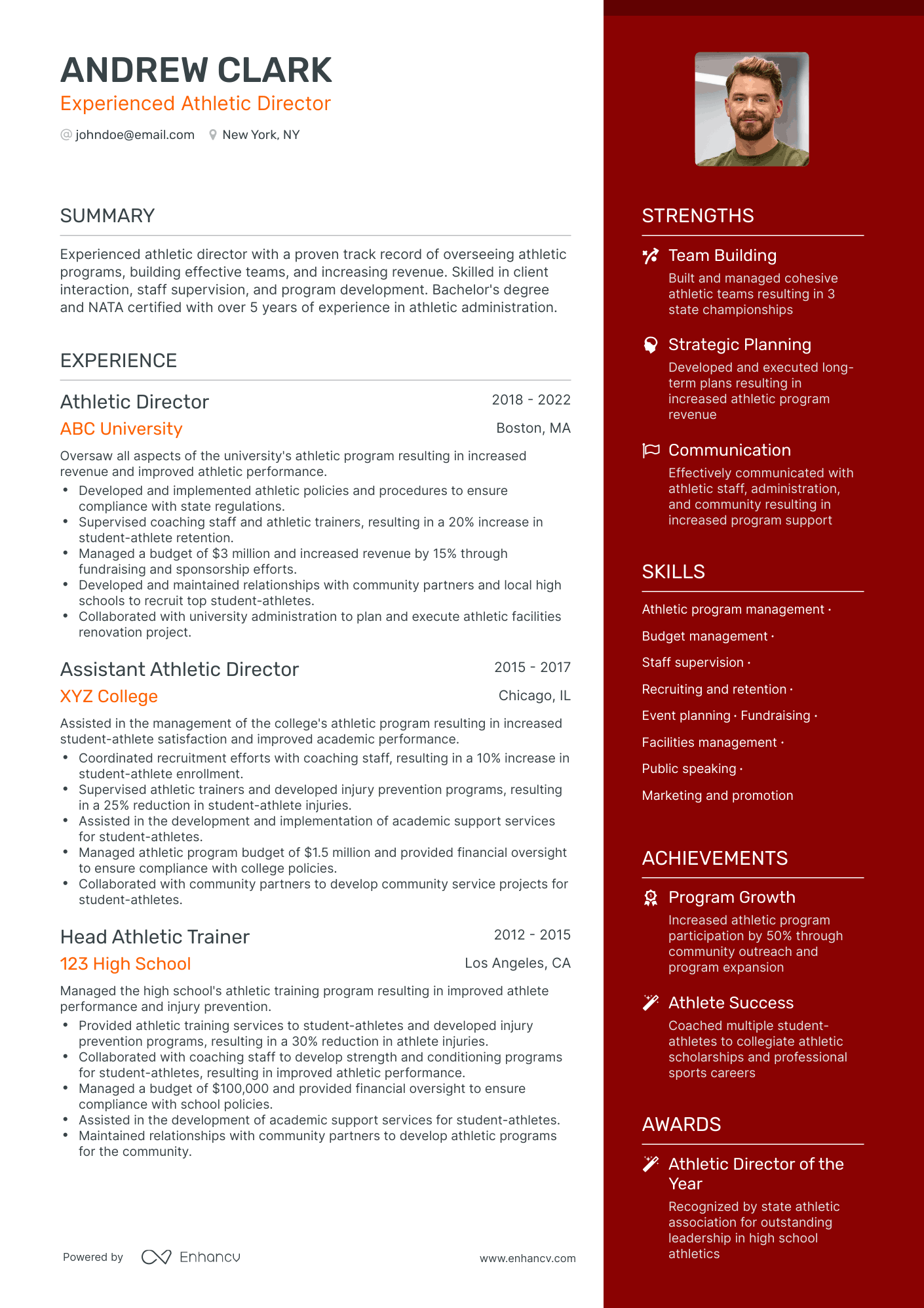 One Page Athletic Director Resume Template