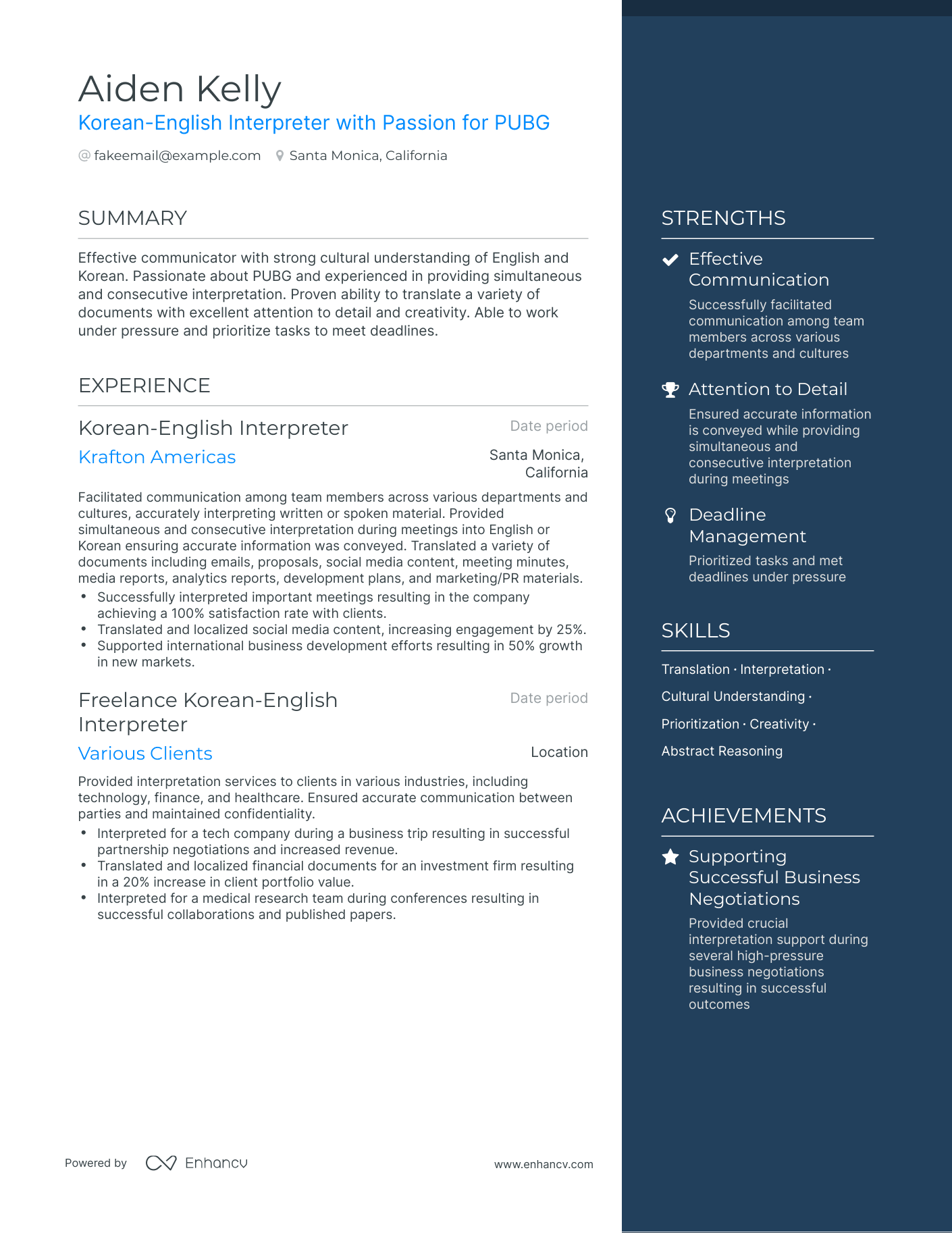 One Page Interpreter Resume Template