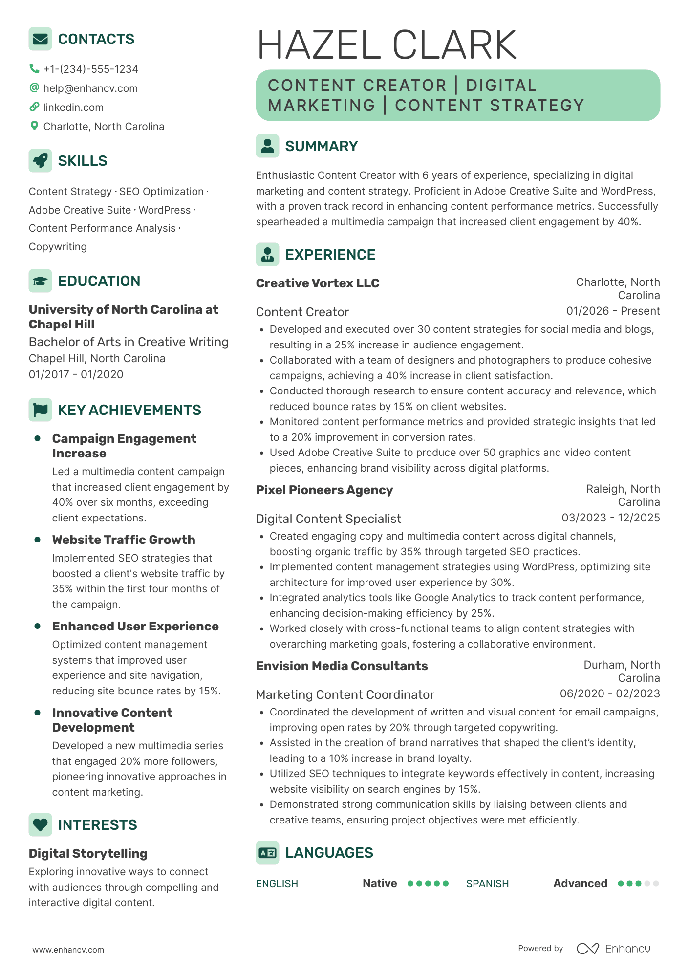 A resume example of a Content Creator
