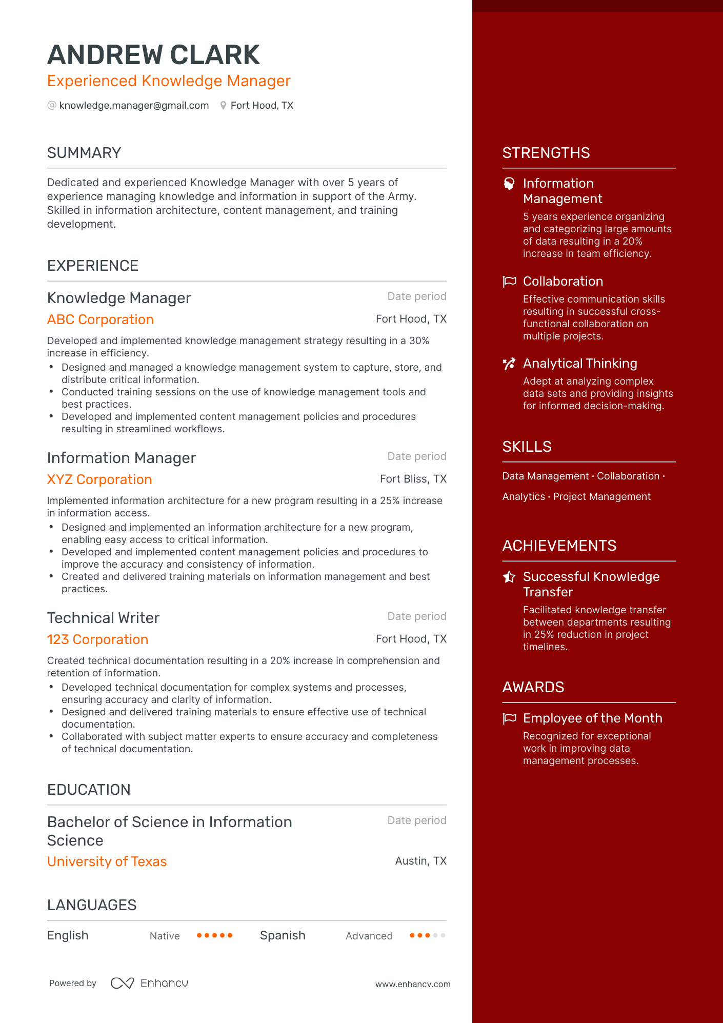 One Page Knowledge Manager Resume Template