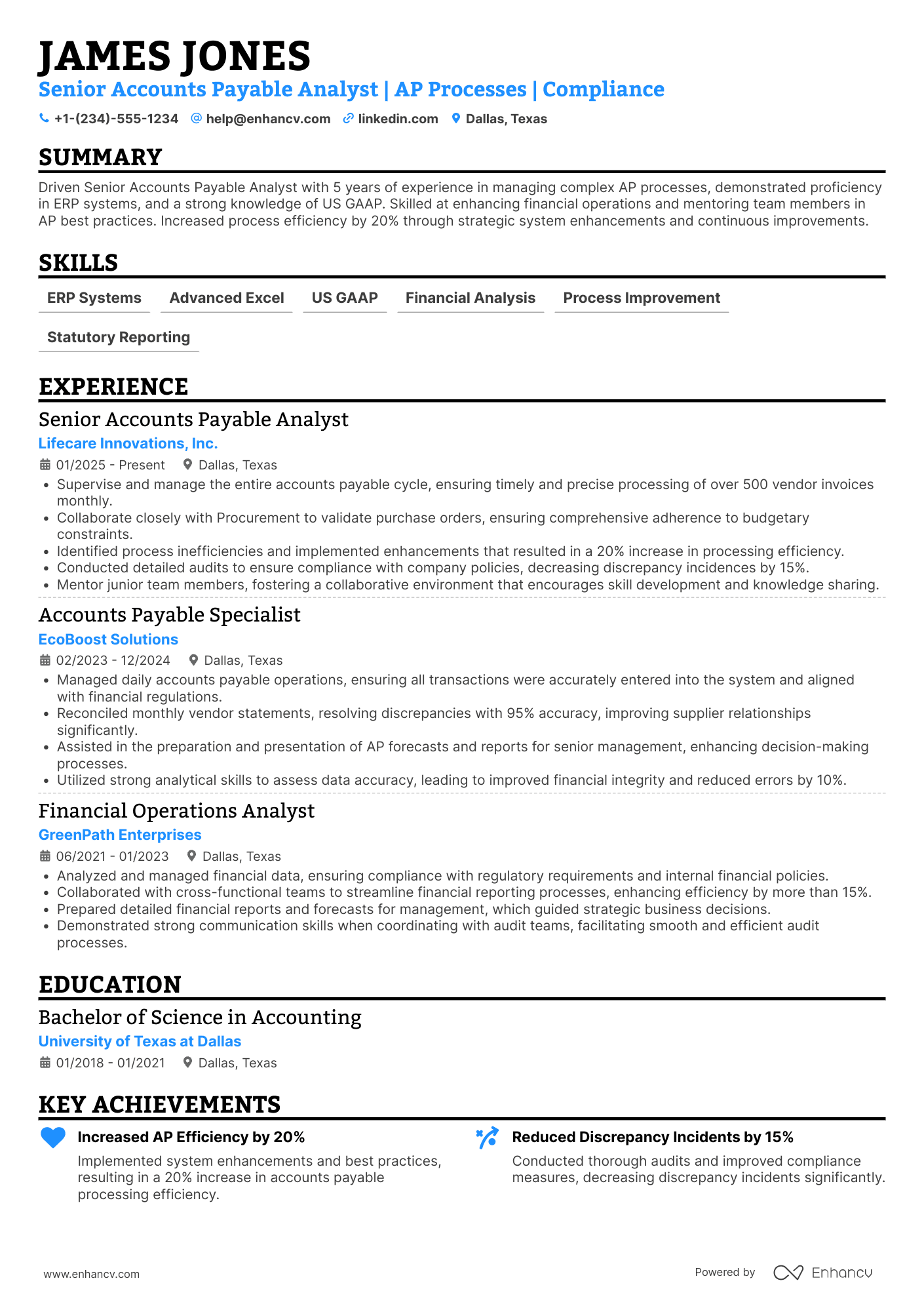 A resume example of a Senior Accounts Payable Analyst