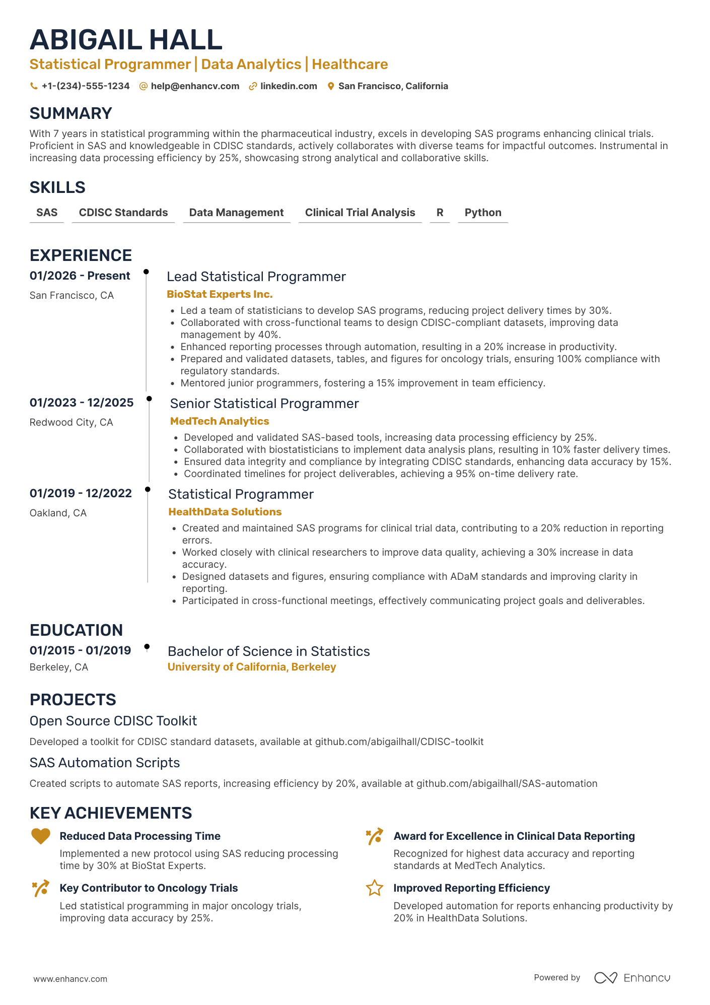 A resume example of a Statistical Programmer