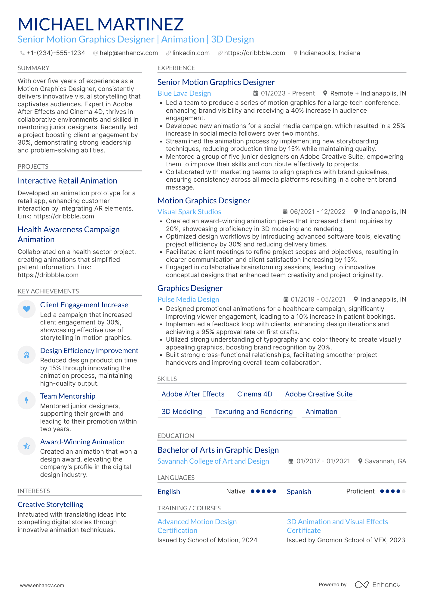 A resume example of a Senior Motion Graphics Designer