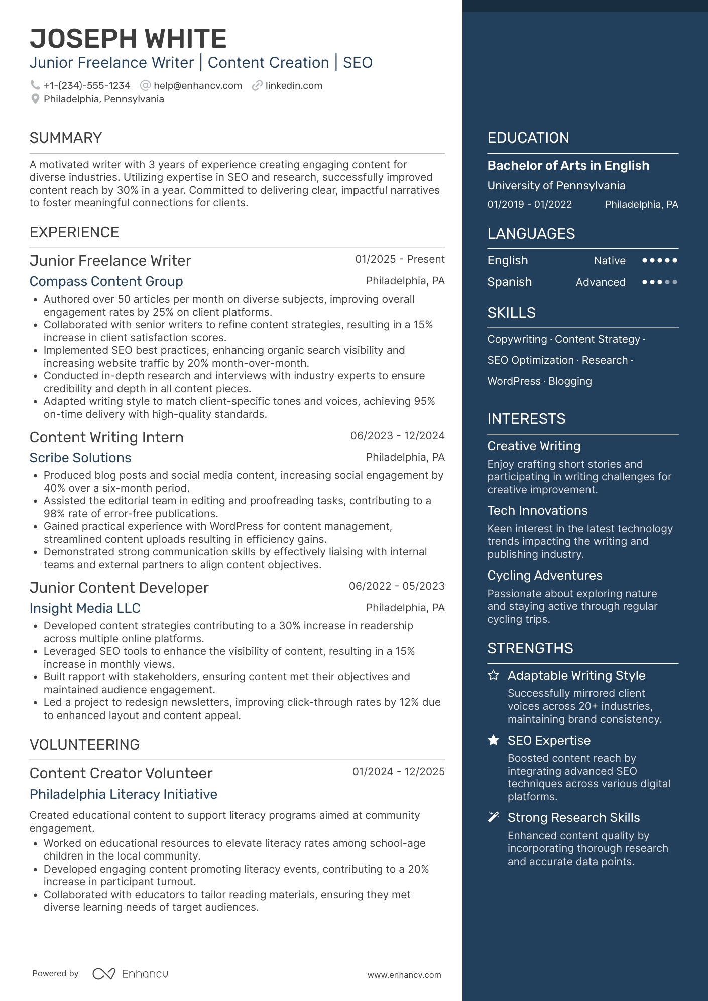 A resume example of a Junior Freelance Writer
