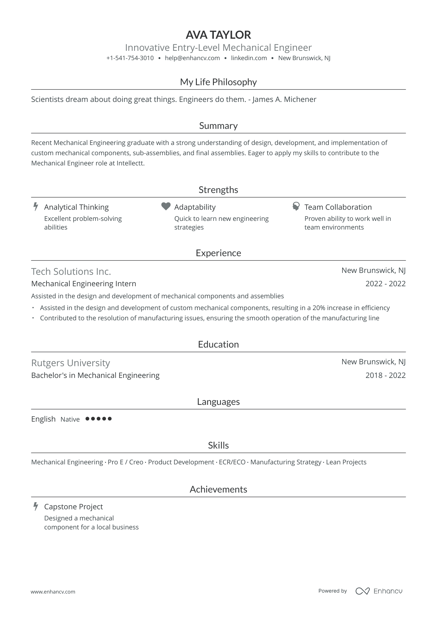 entry level mechanical engineer resume sample
