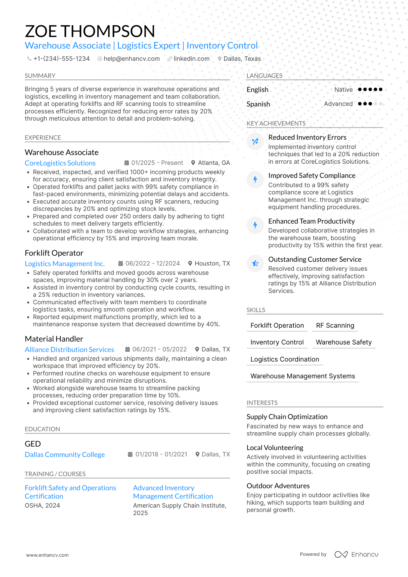 A resume example of a Walmart Warehouse Associate