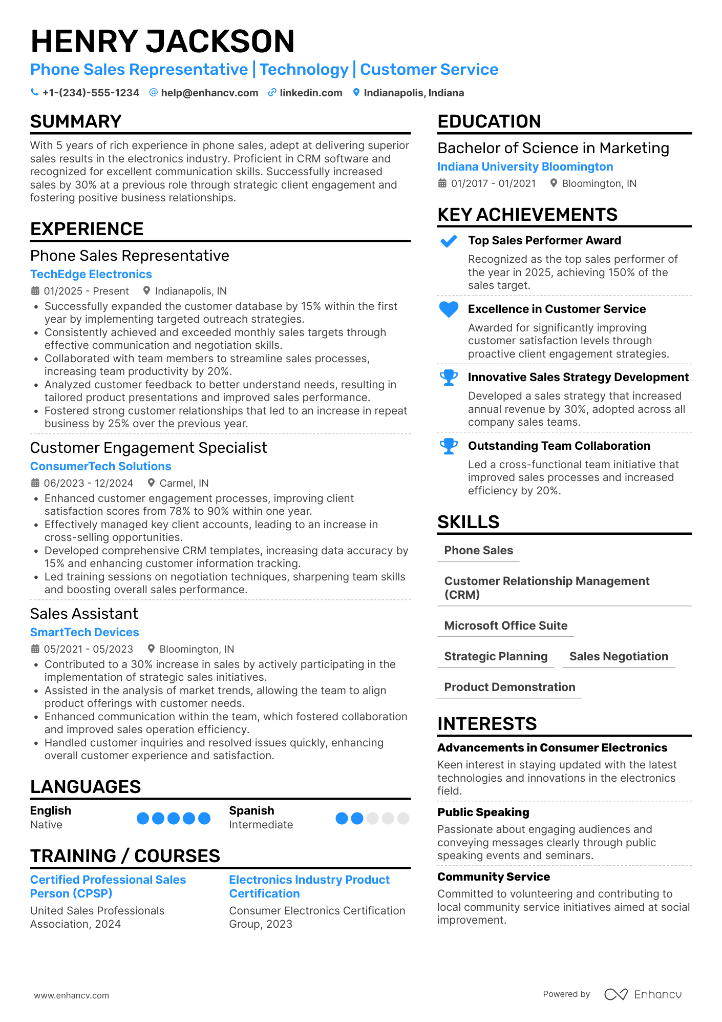 A resume example of a Phone Sales