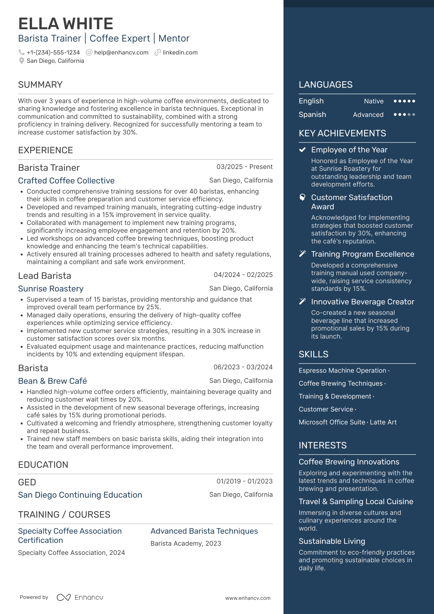 A resume example of a Barista Trainer
