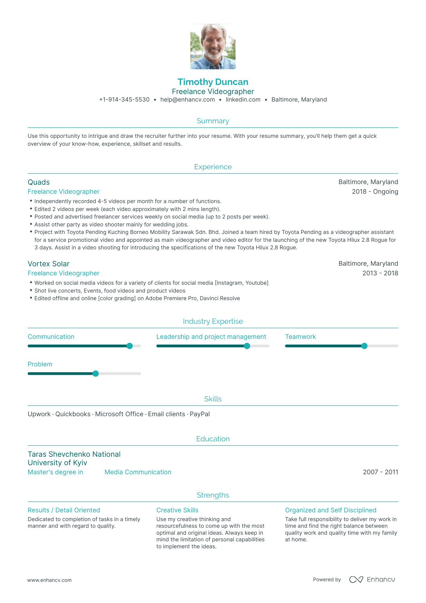Traditional Freelance Videographer Resume Template
