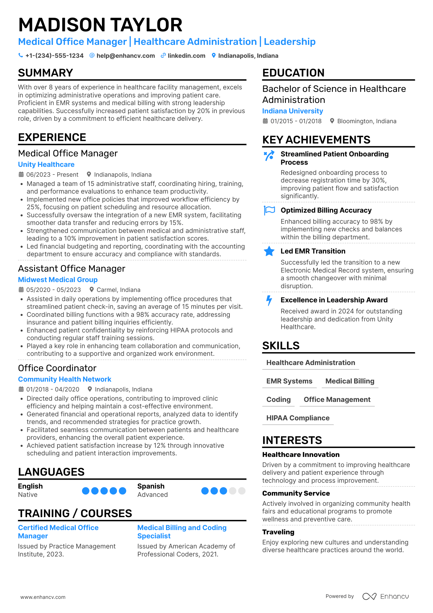 A resume example of a Medical Office Manager