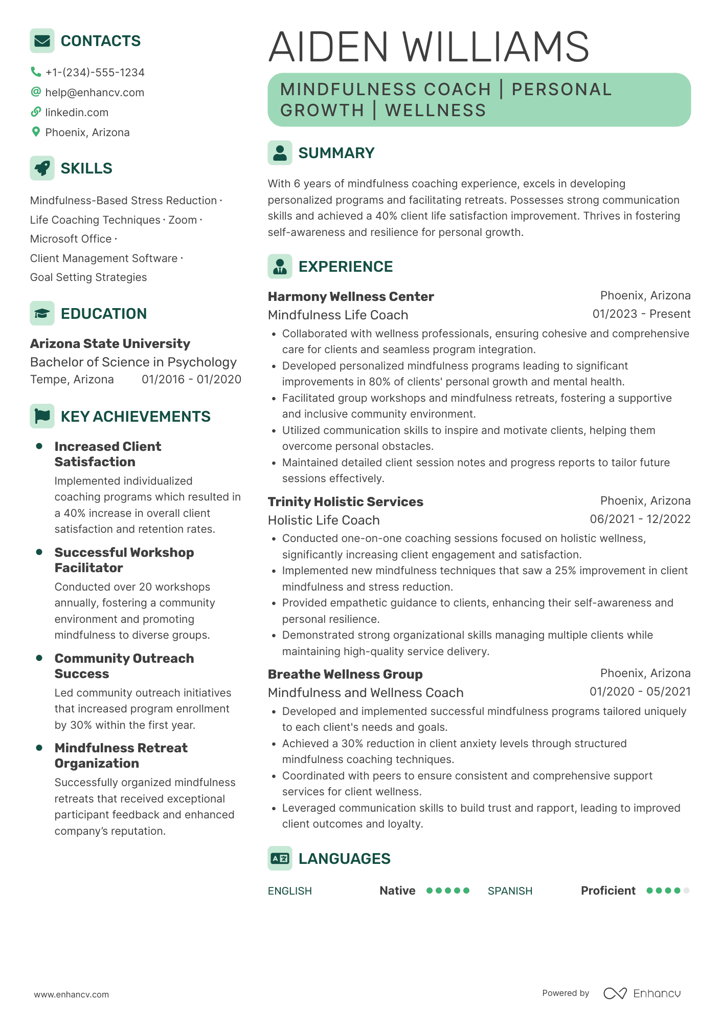 A resume example of a Mindfulness Life Coach