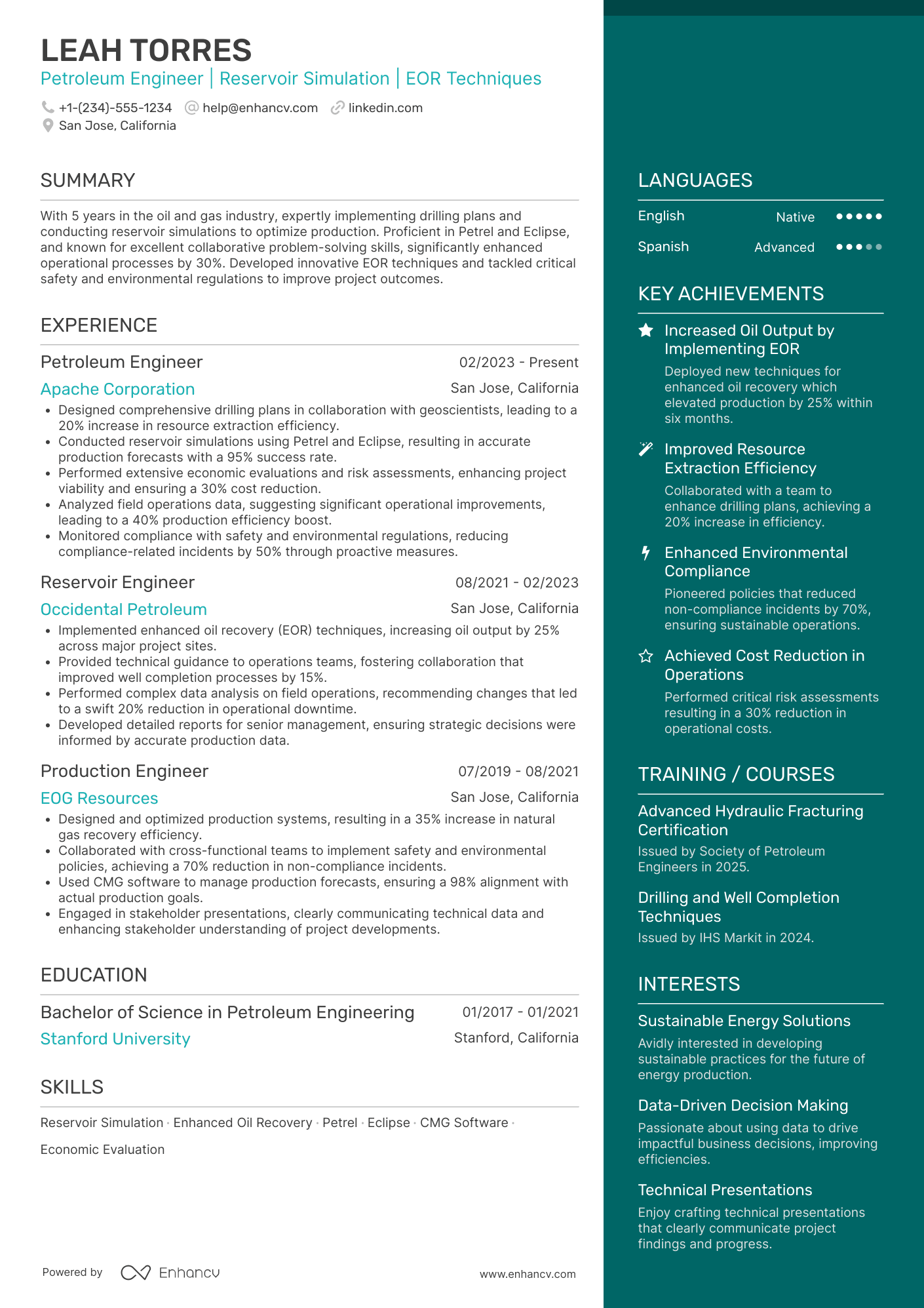 A resume example of a Petroleum Engineer
