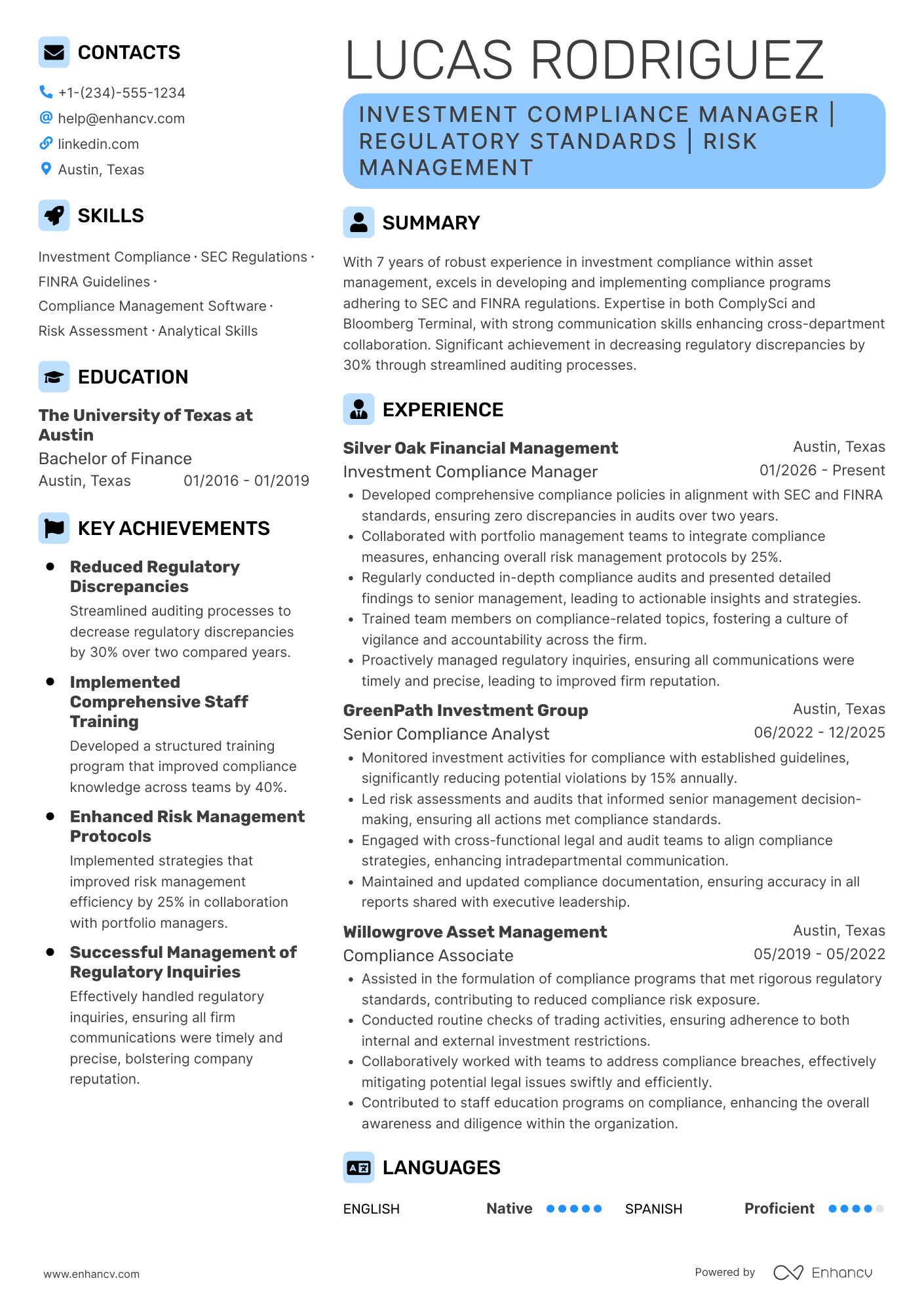 A resume example of a Investment Compliance Manager