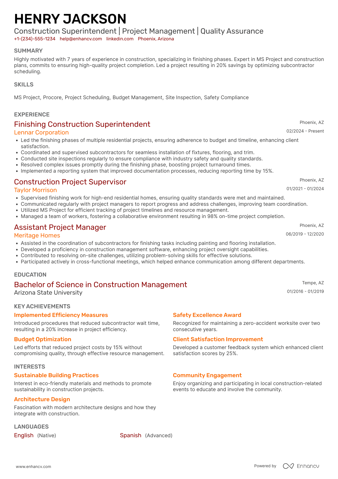 A resume example of a Finishing Construction Superintendent
