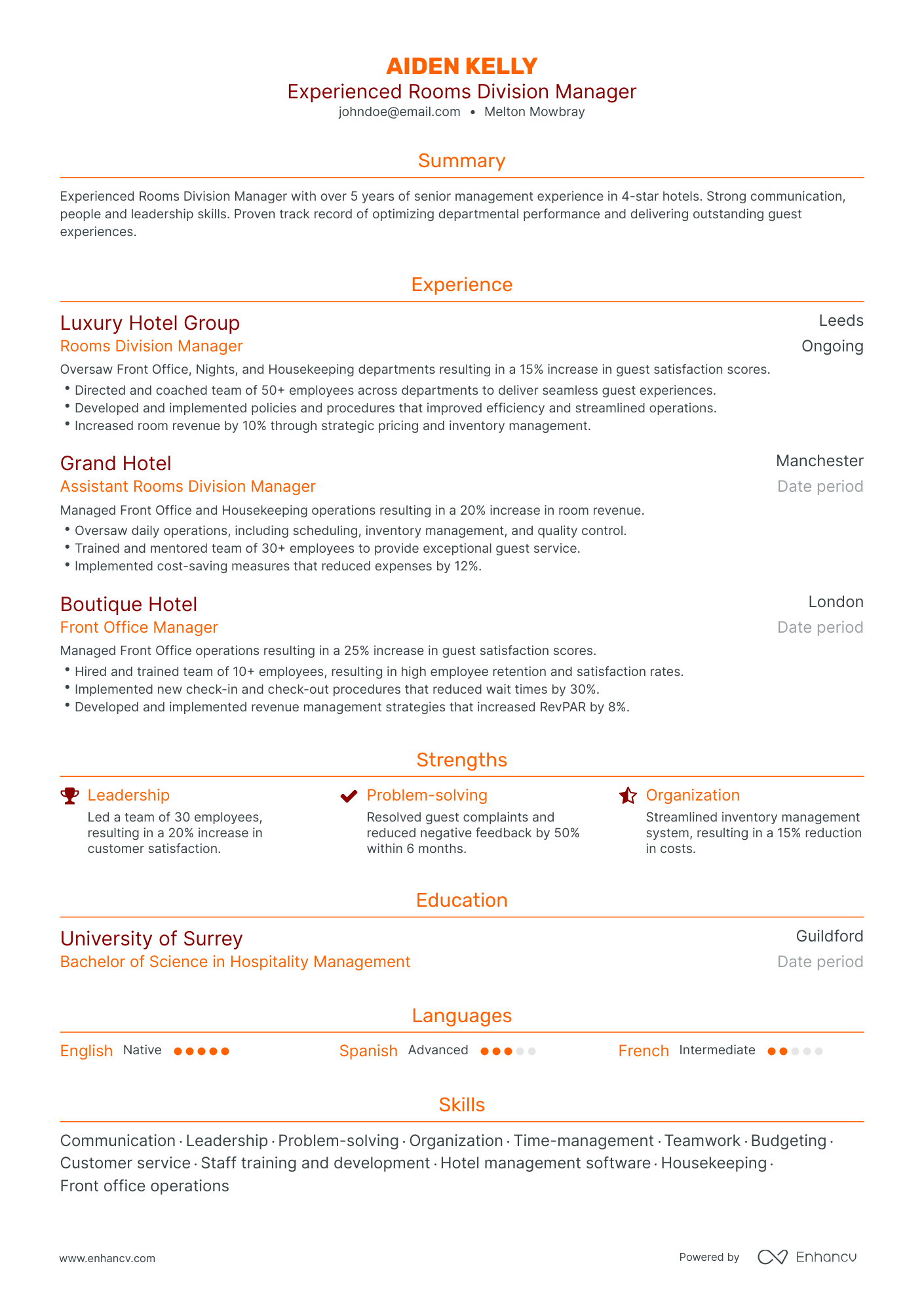 Traditional Rooms Division Manager Resume Template