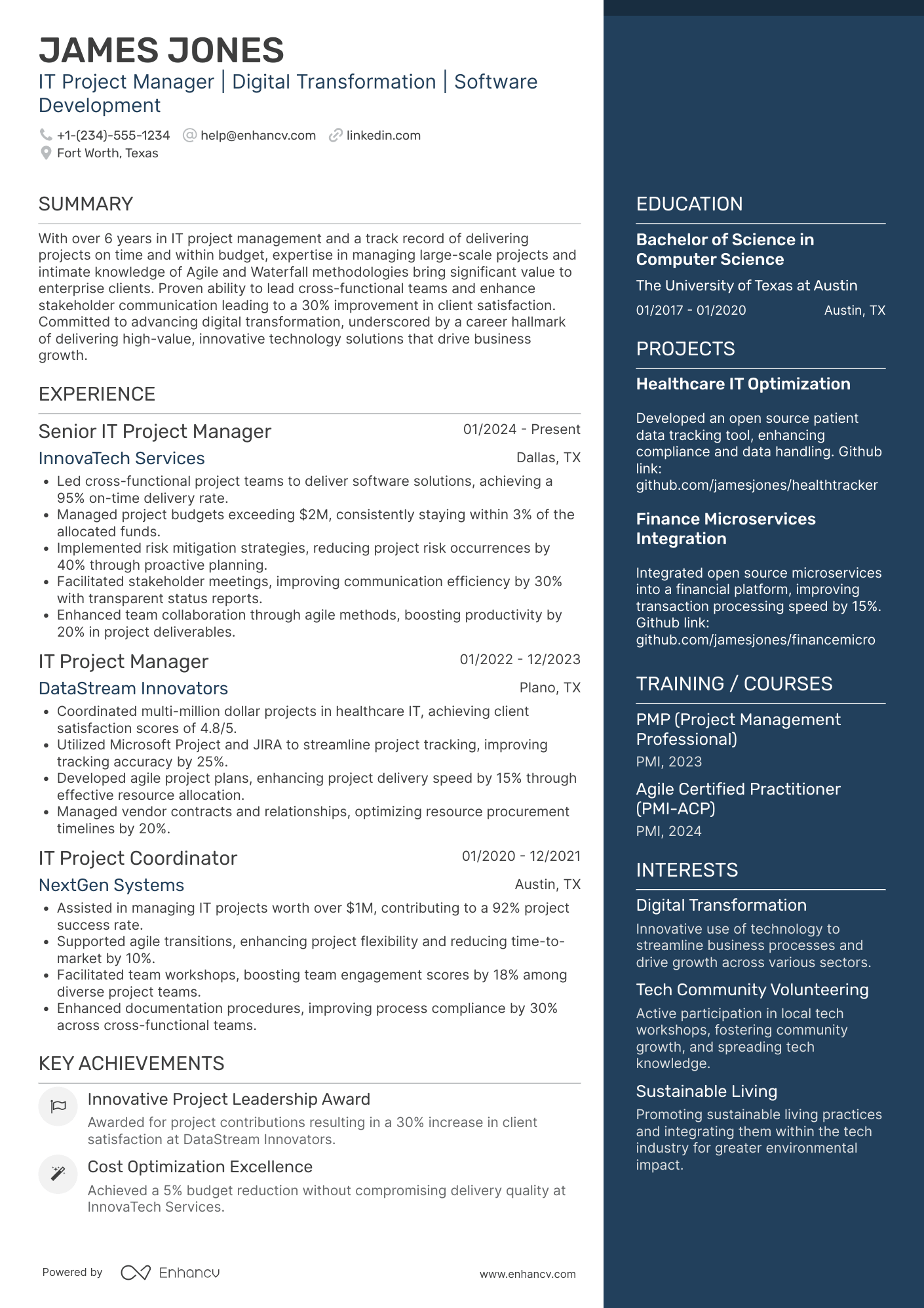 A resume example of a Senior IT Project Manager
