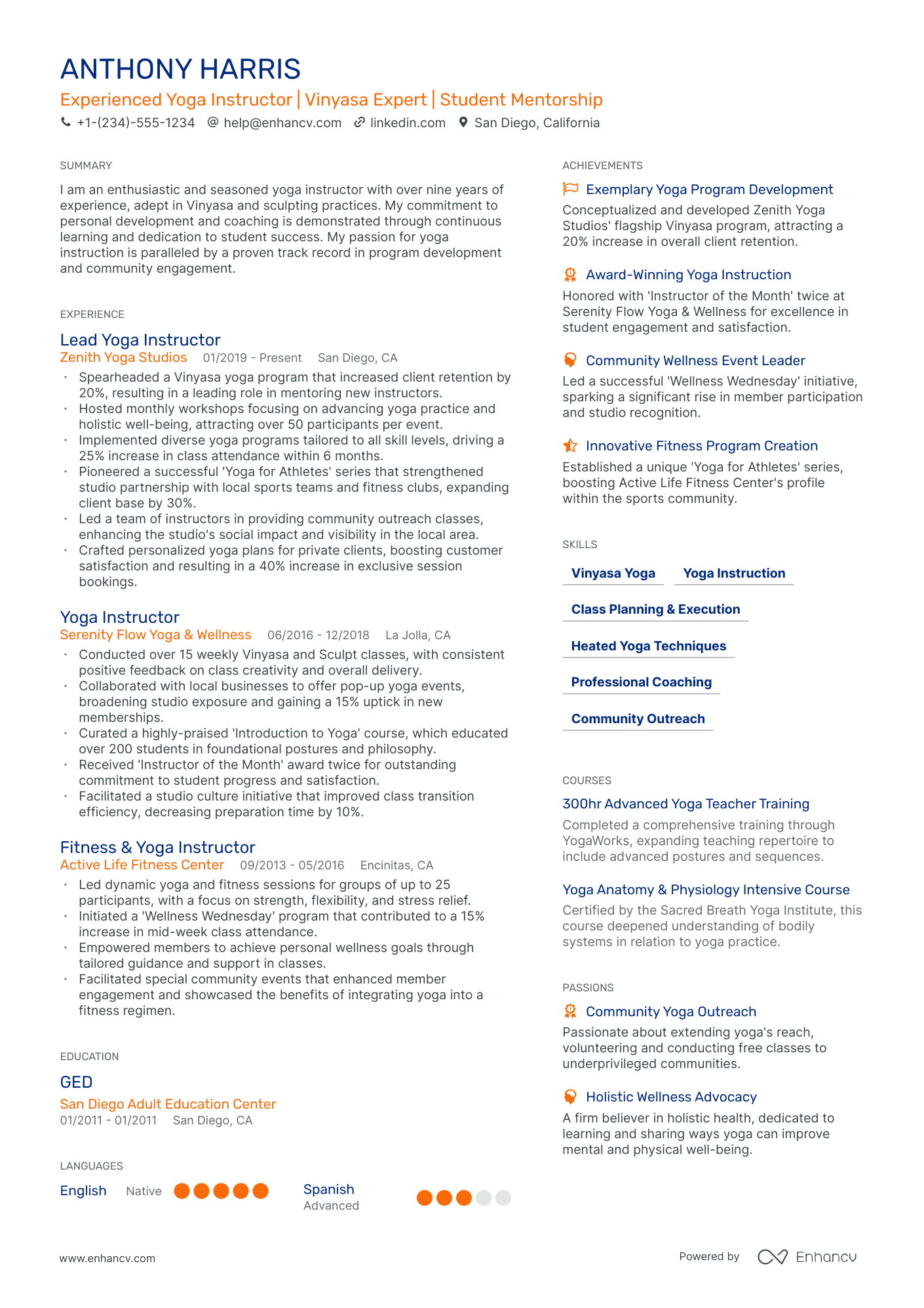 sample resume for yoga teacher