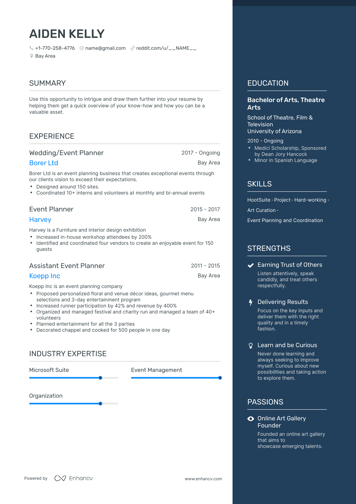 One Page Event Planner Resume Template