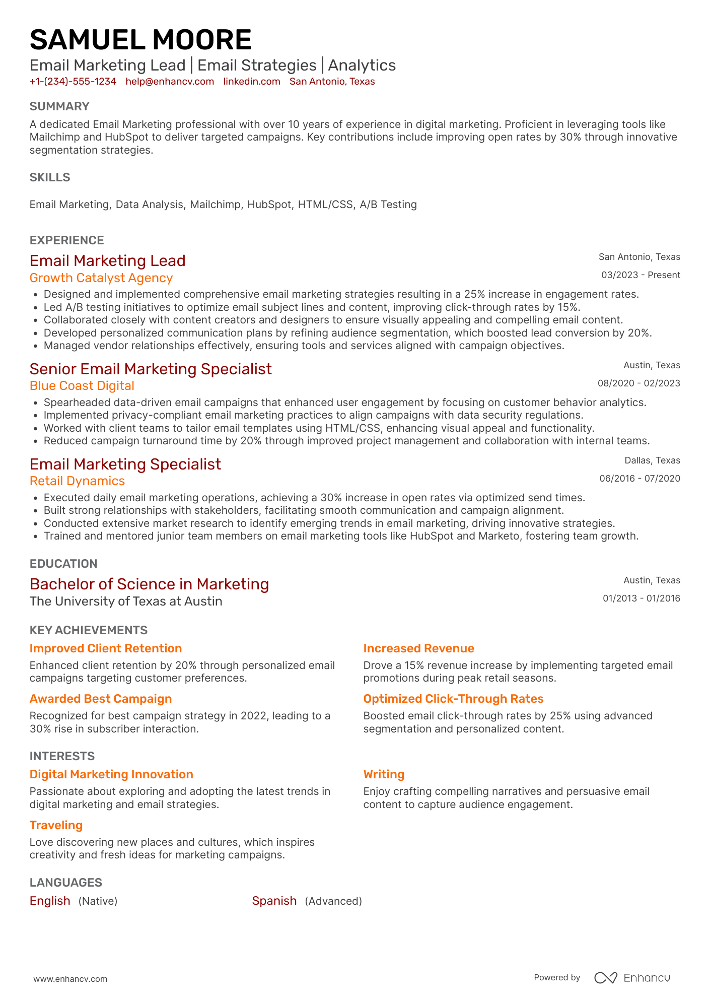 A resume example of a Email Marketing Lead
