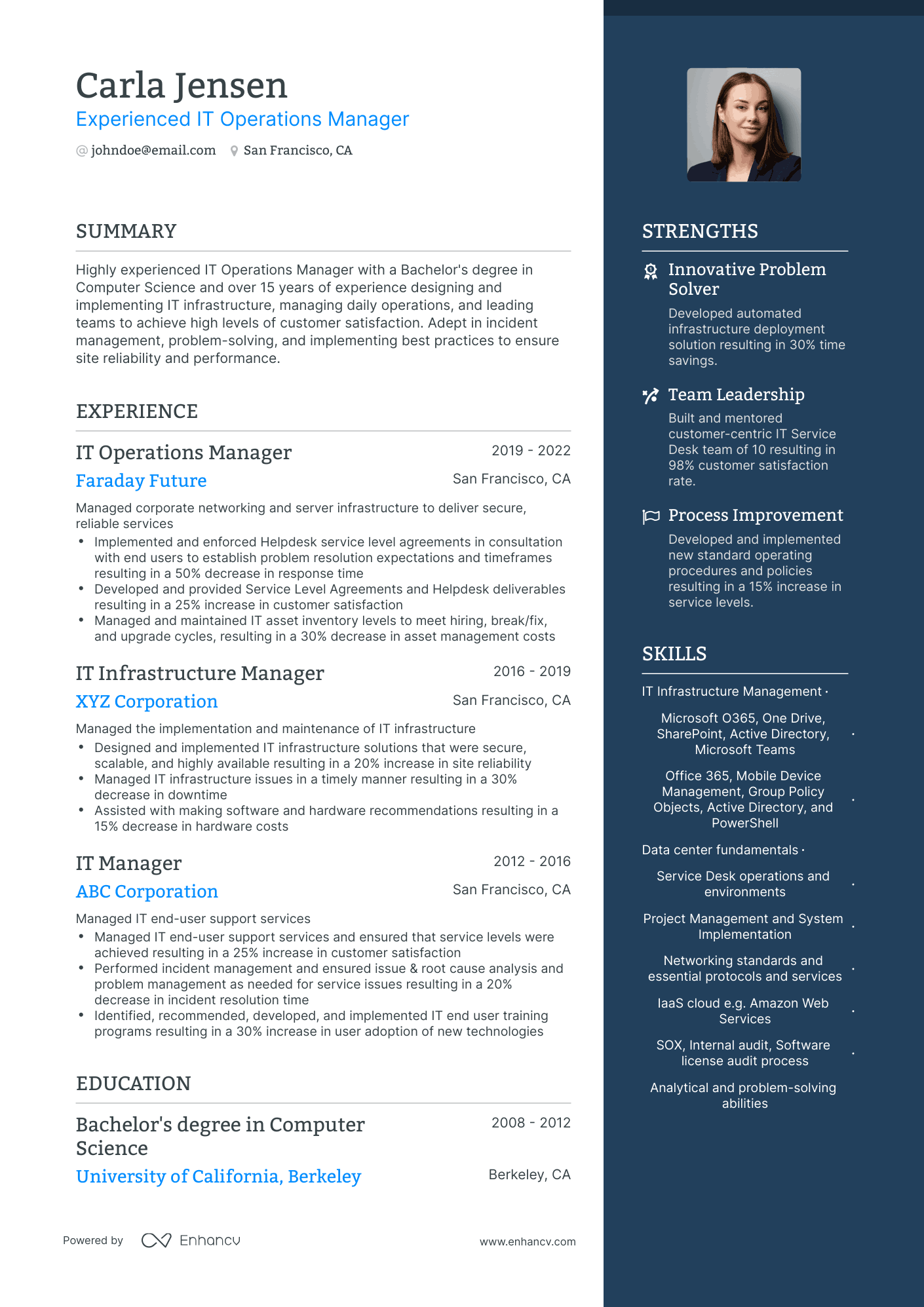 One Page IT Operations Manager Resume Template