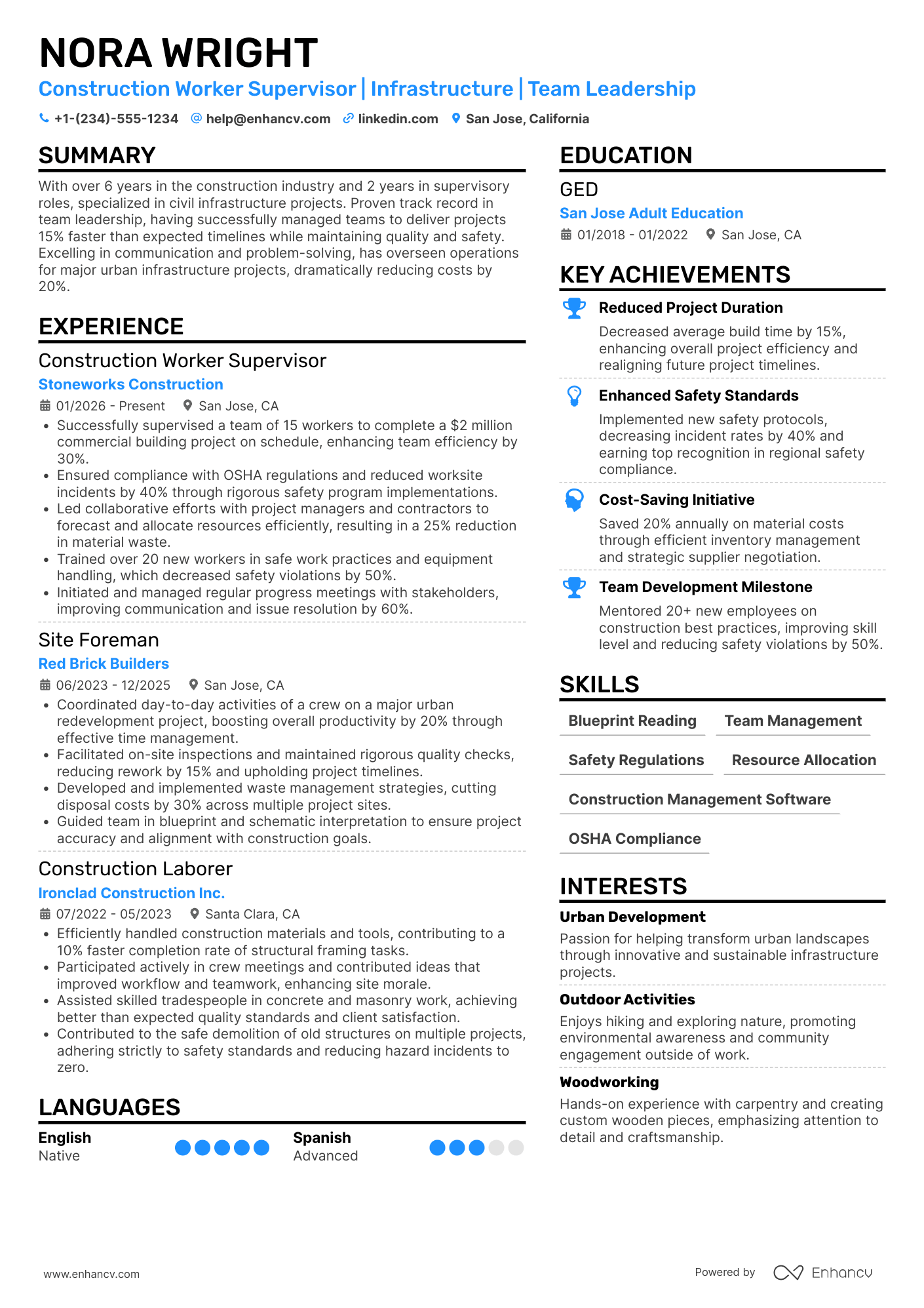 A resume example of a Construction Worker Supervisor