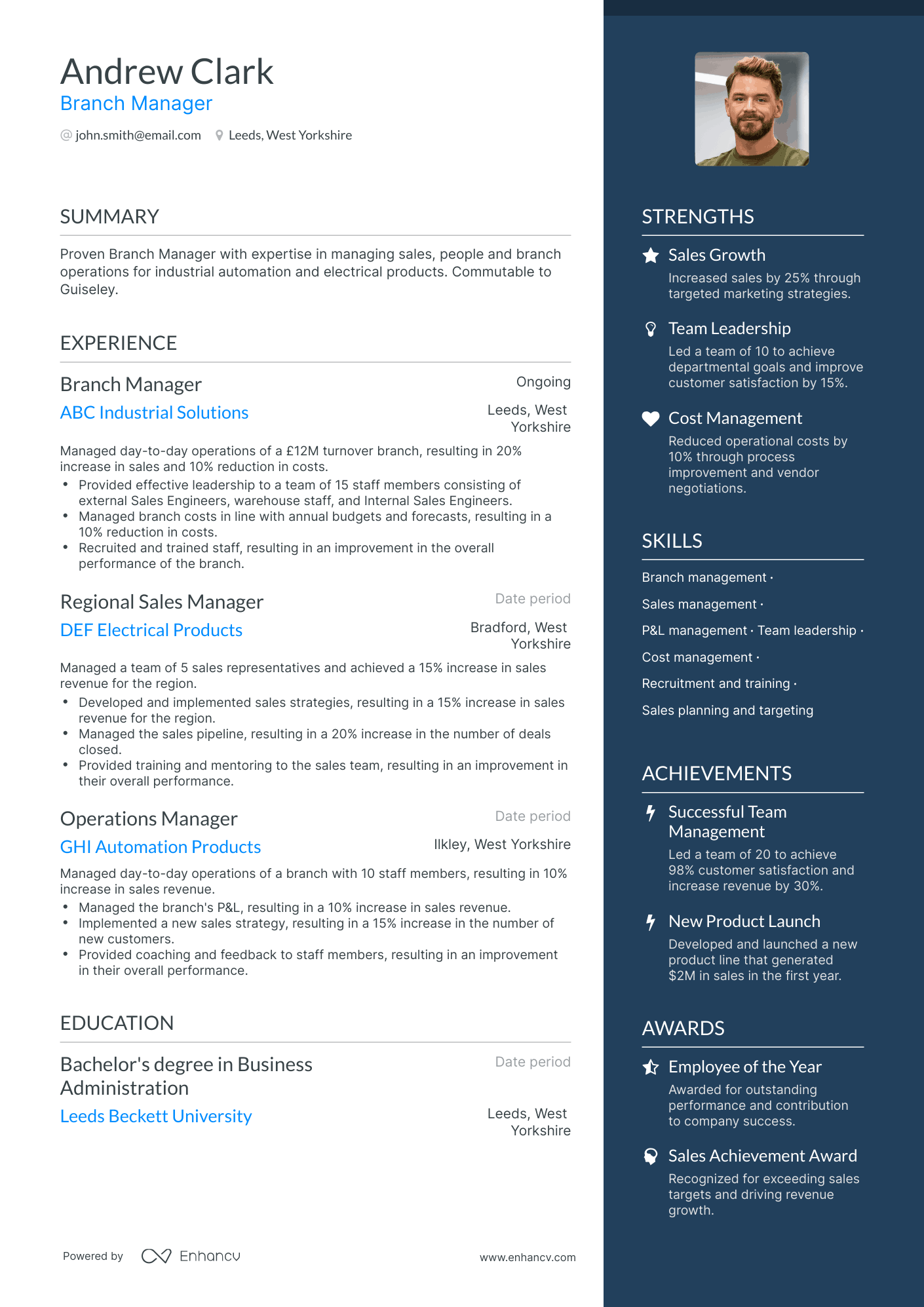 One Page Branch Manager Resume Template