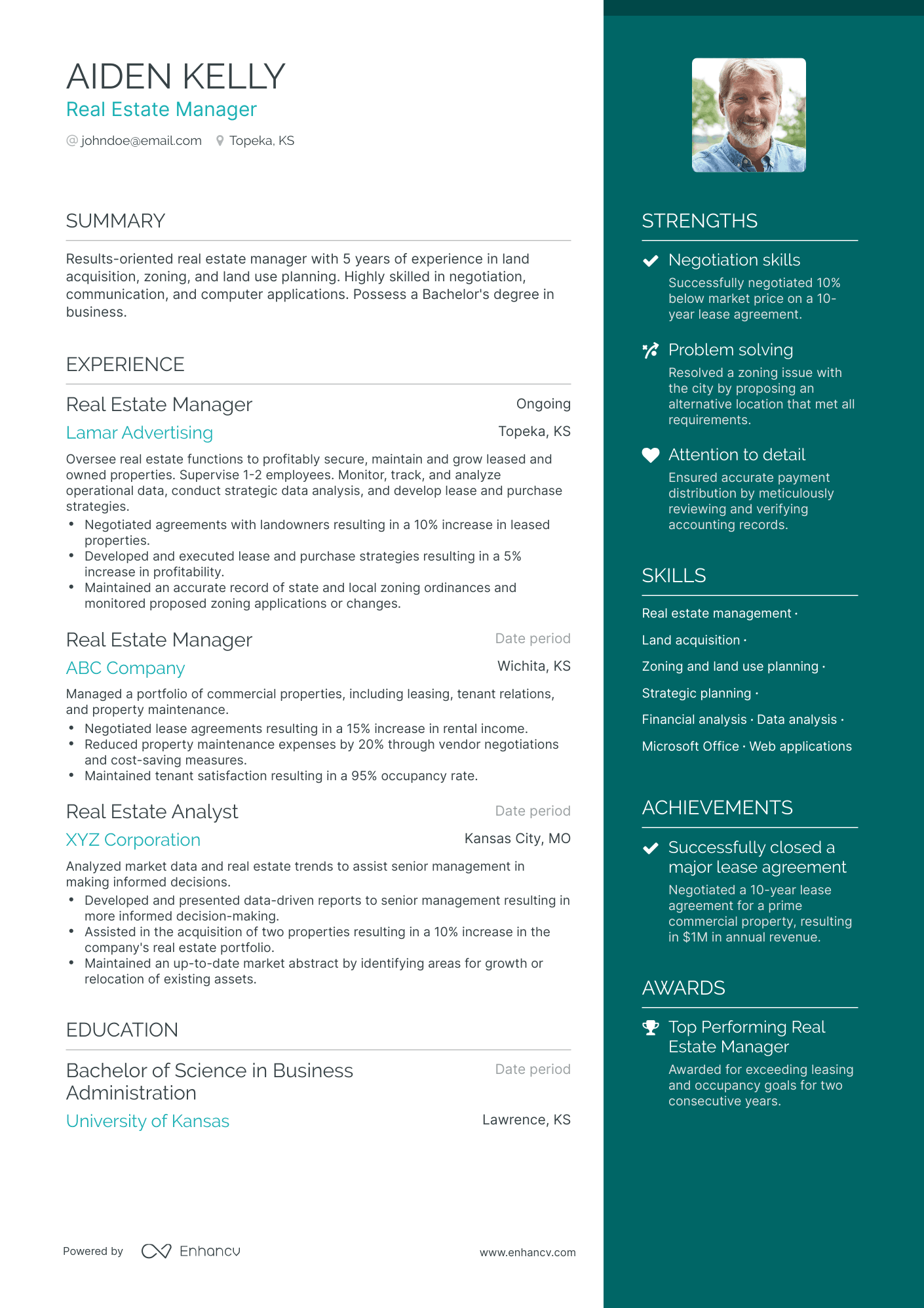 One Page Real Estate Manager Resume Template
