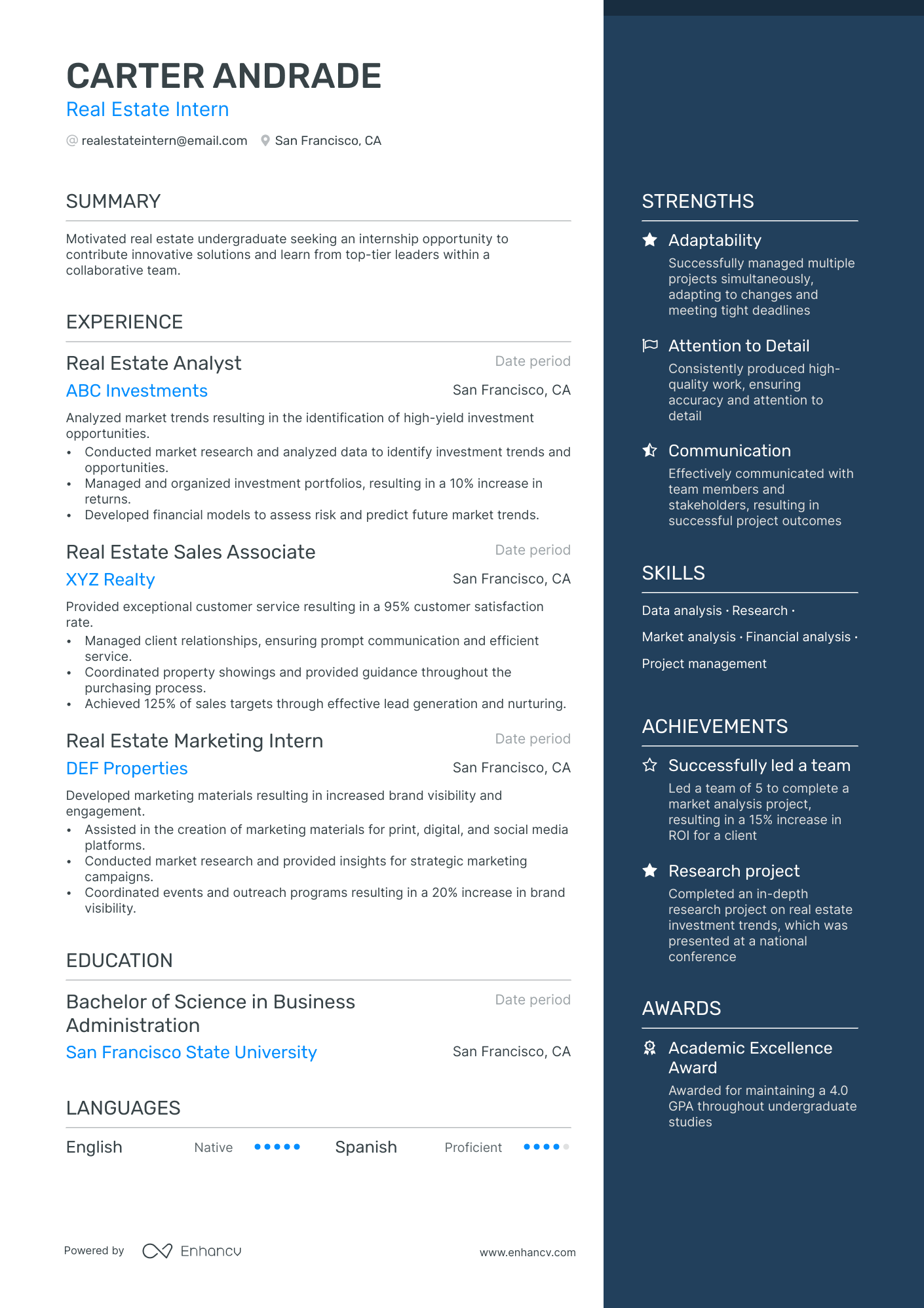 A resume example of a Real Estate Intern