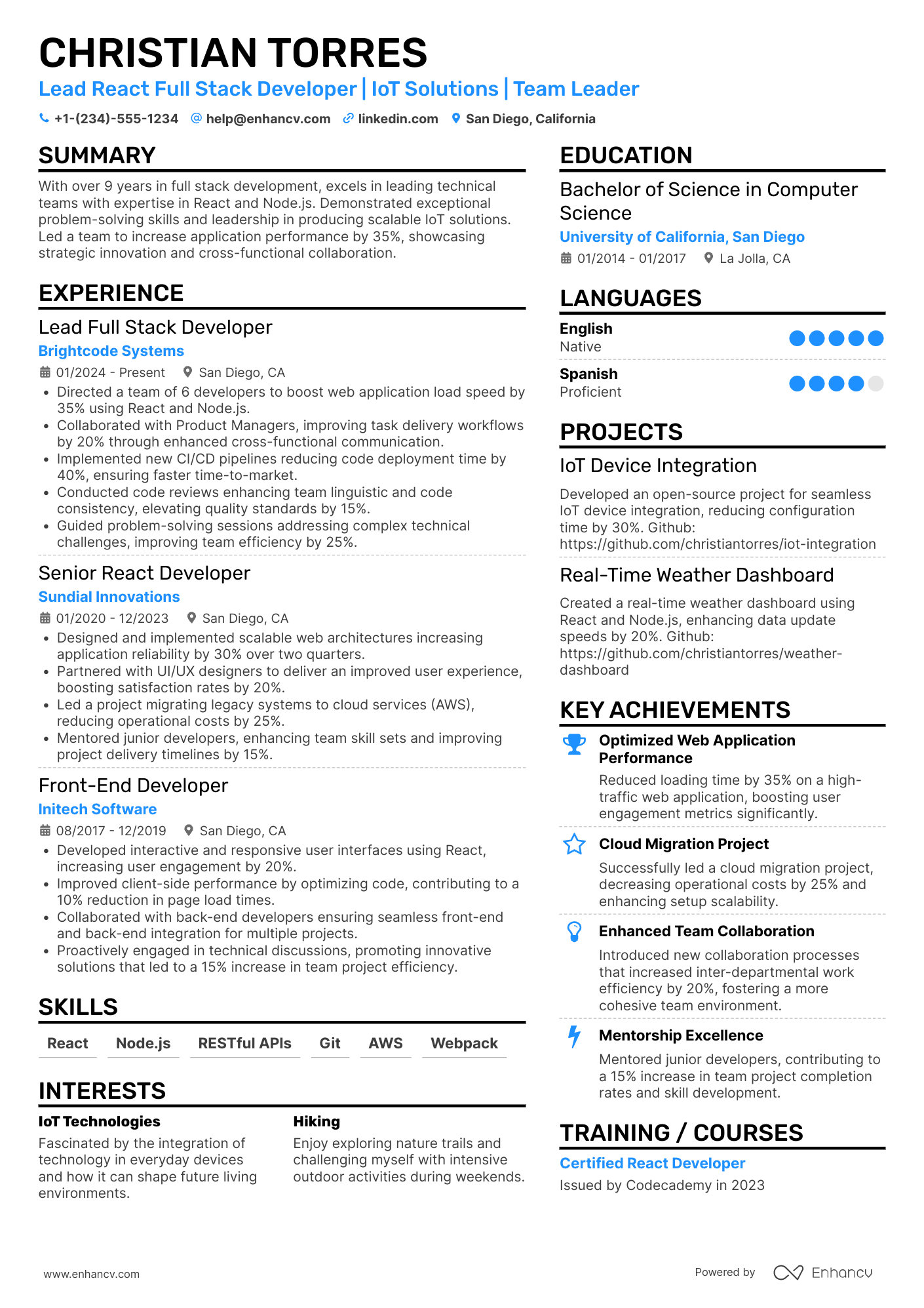 A resume example of a Lead React Full Stack Developer