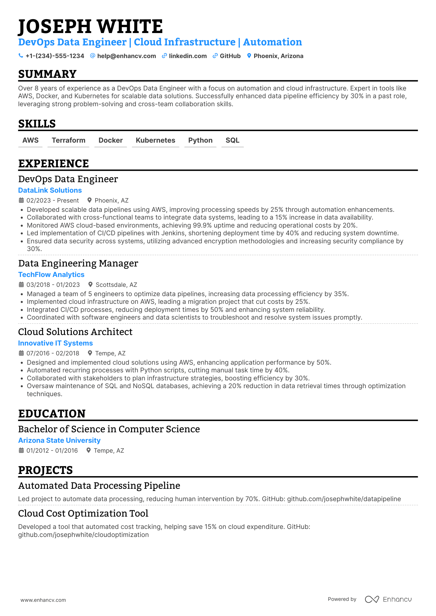 A resume example of a Devops Data Engineer
