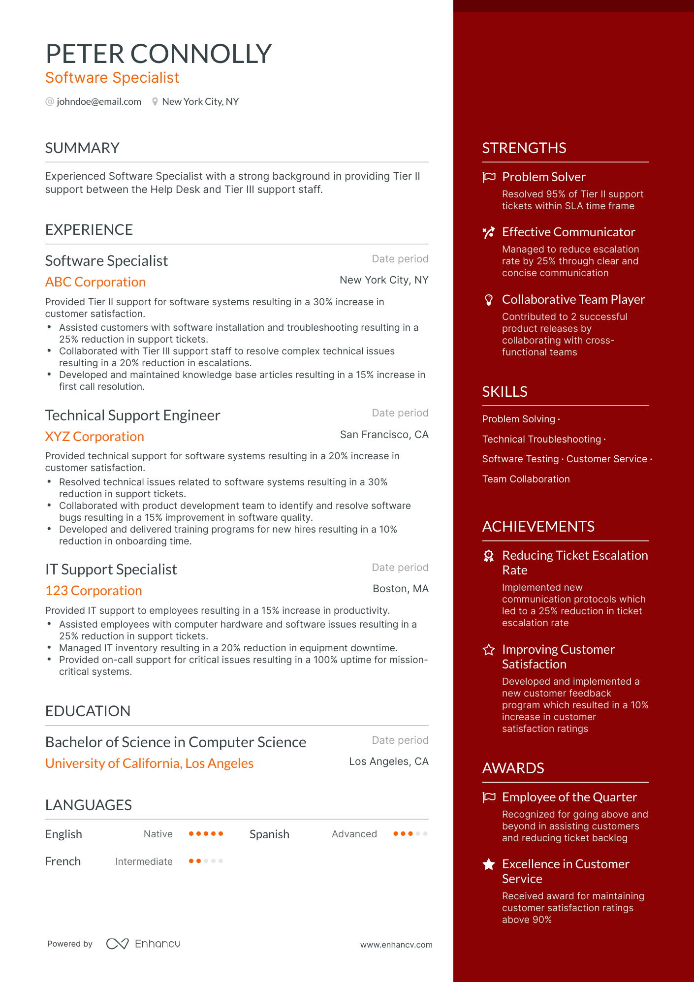 One Page Software Specialist Resume Template