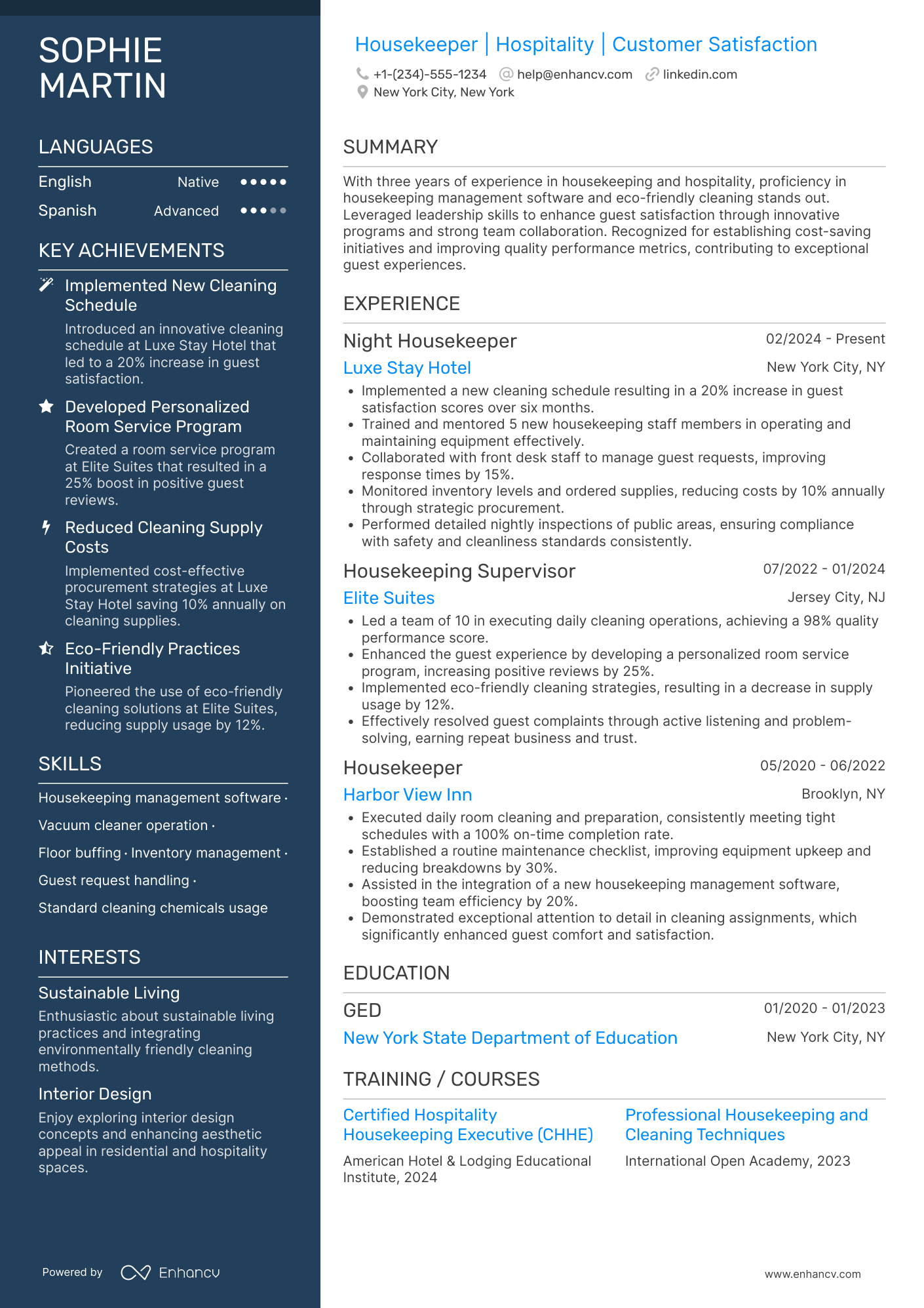 A resume example of a Night Housekeeper
