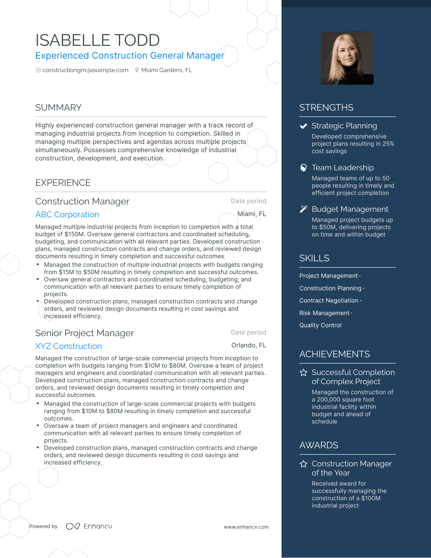 One Page Construction General Manager Resume Template