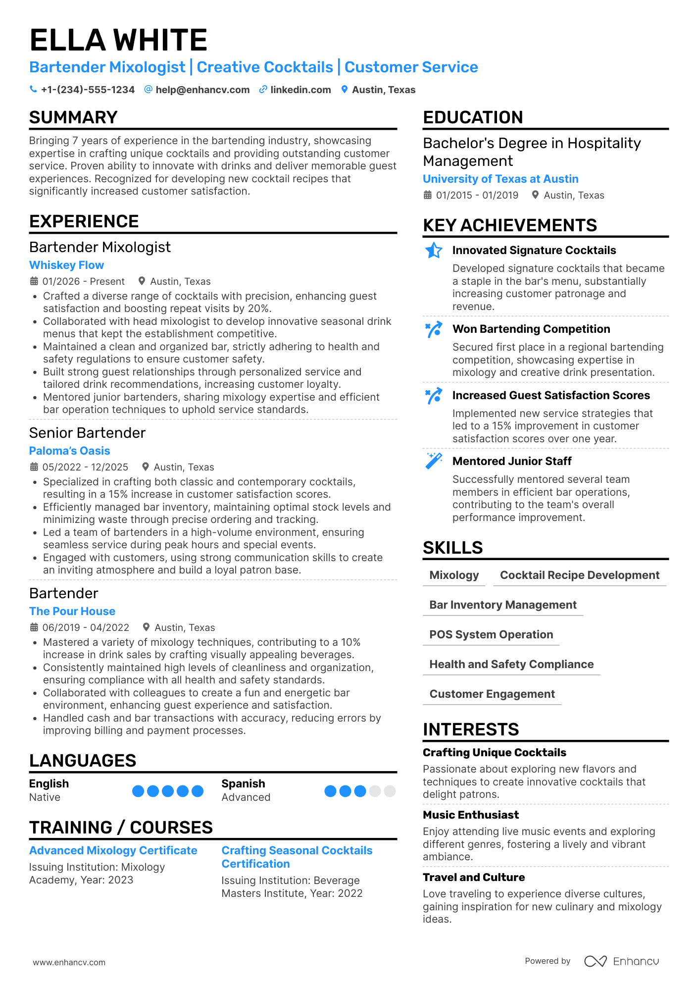 A resume example of a Bartender Mixologist