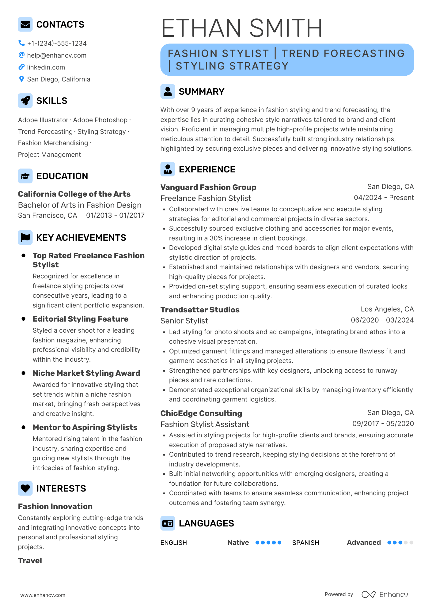 A resume example of a Freelance Fashion Stylist