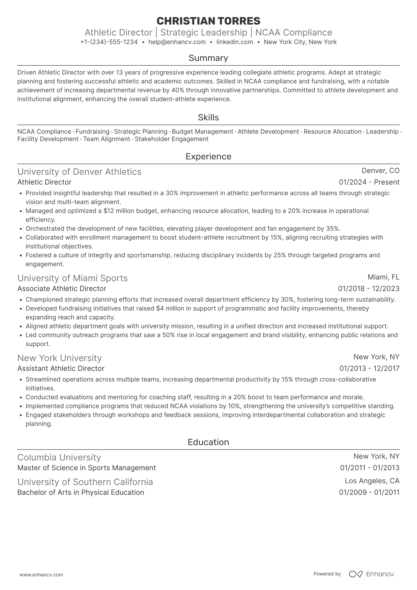 A resume example of a Athletic Director