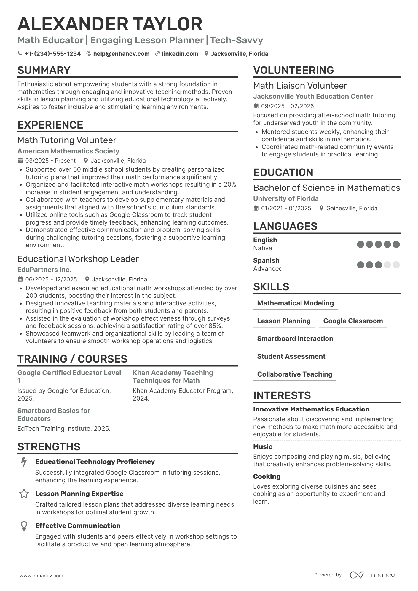 A resume example of a Math Teacher Intern