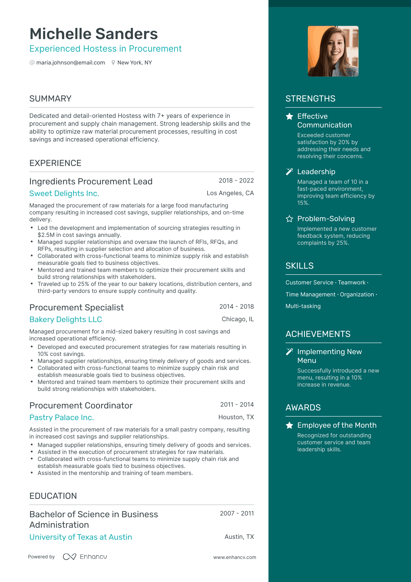 One Page Hostess Resume Template