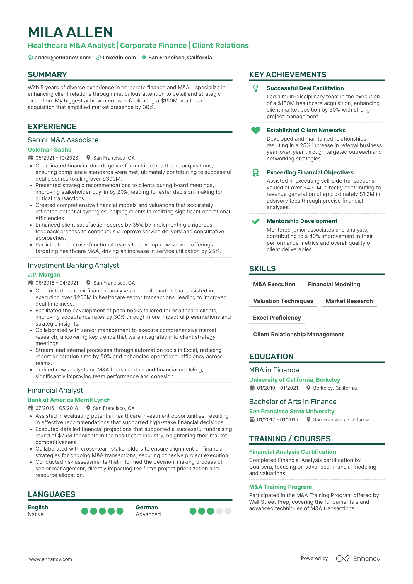 A resume example of a Mergers & Acquisitions Resume
