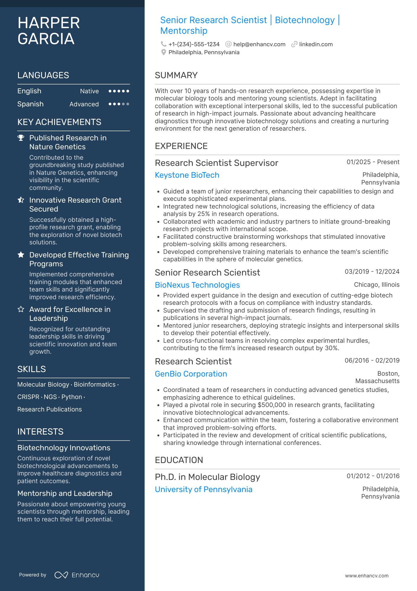 A resume example of a Scientific Research Mentor