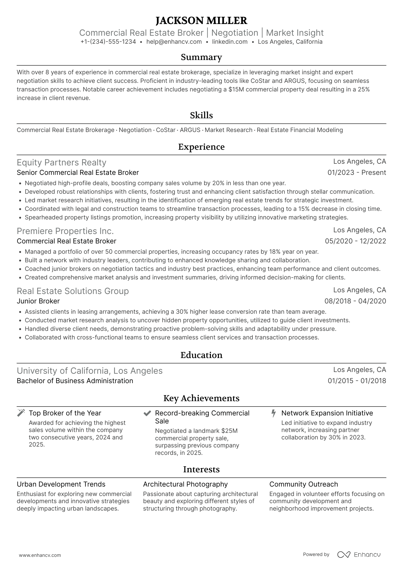 A resume example of a Commercial Real Estate Broker
