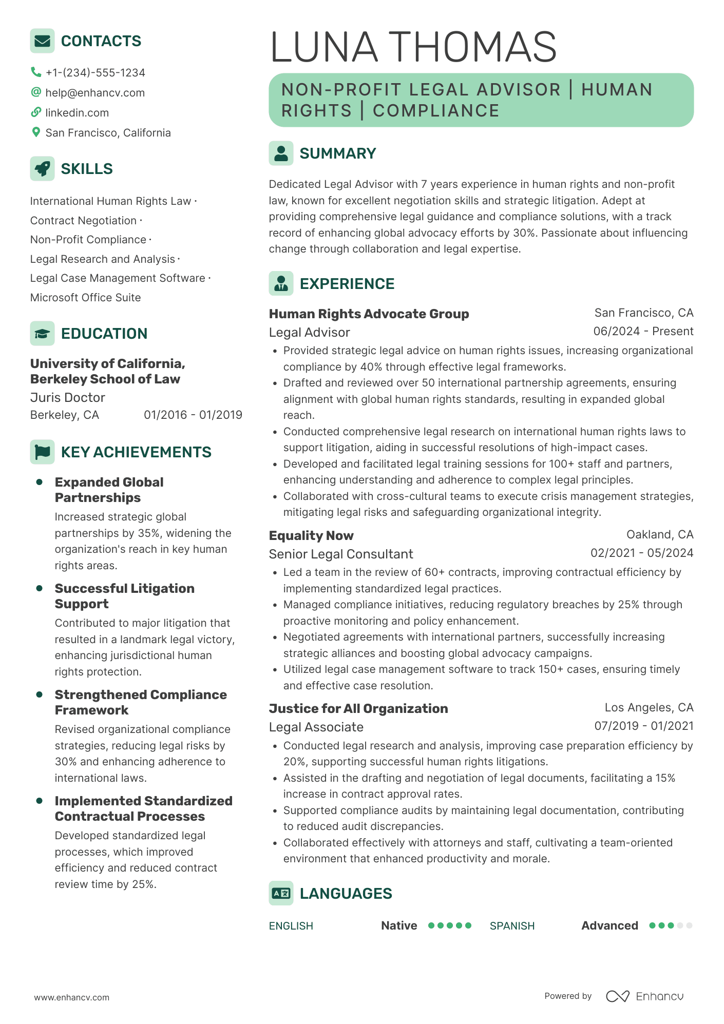 A resume example of a Non Profit Legal Advisor