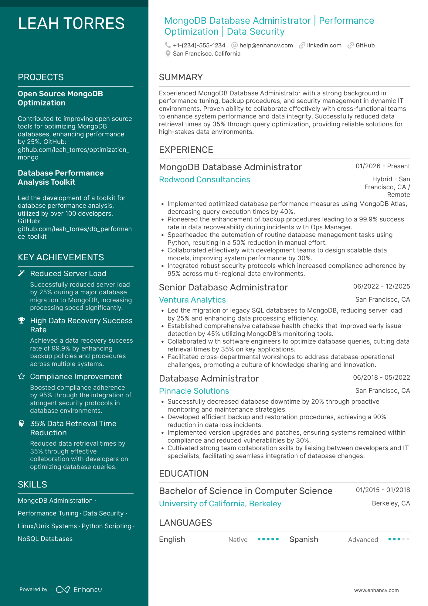 A resume example of a MongoDB Database Administrator