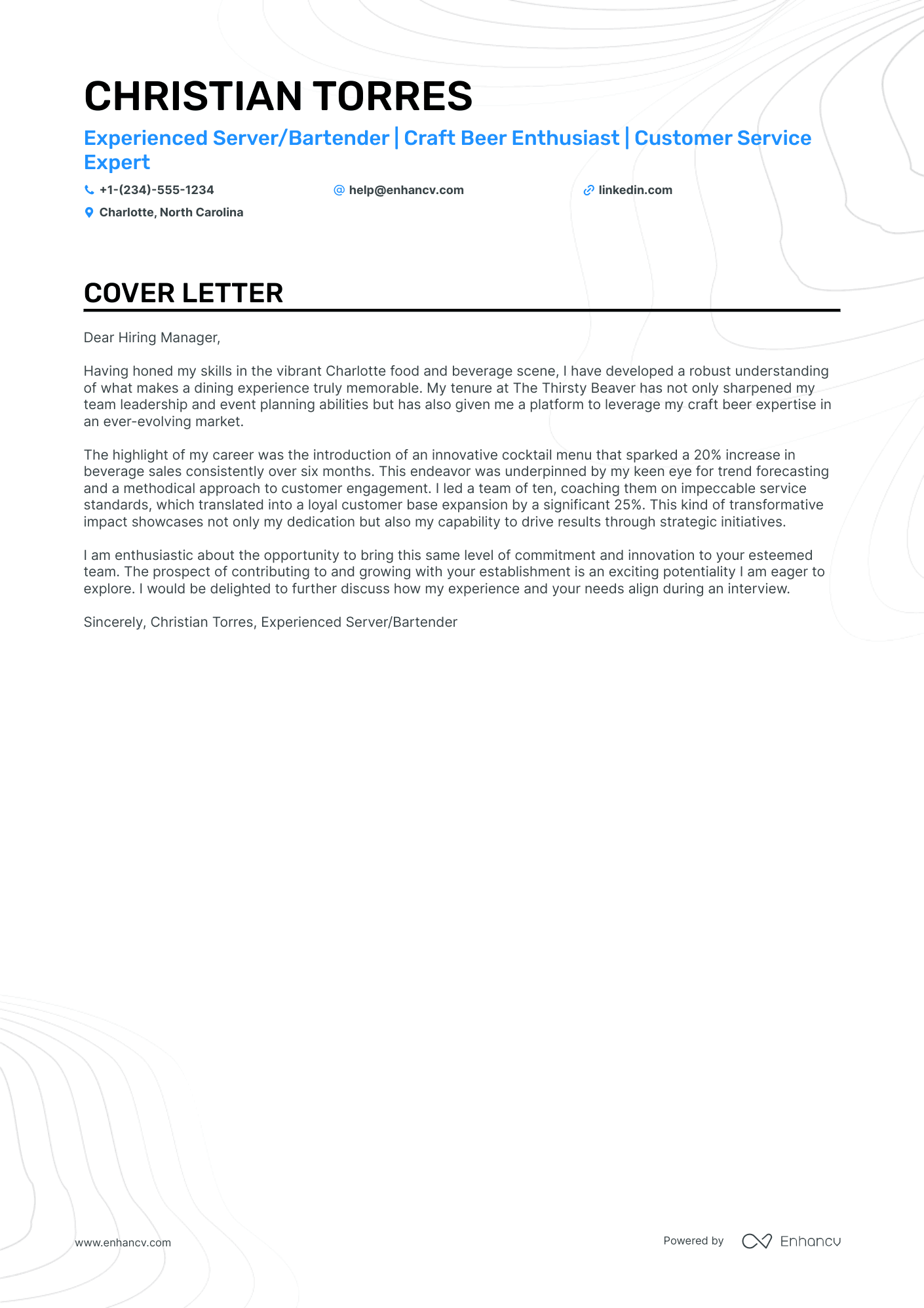cover letter template for bartender