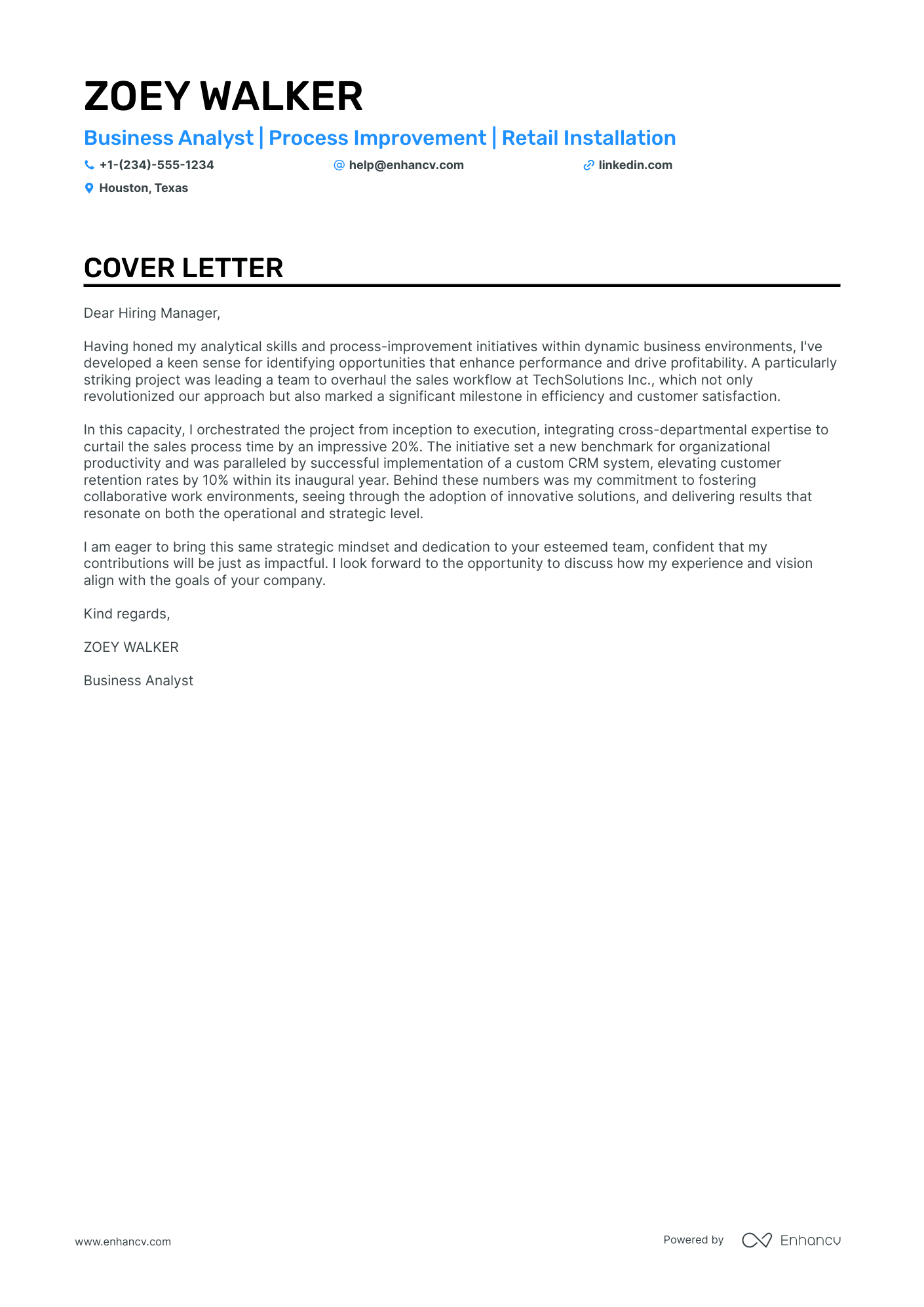 cover letter for the post of a business analyst